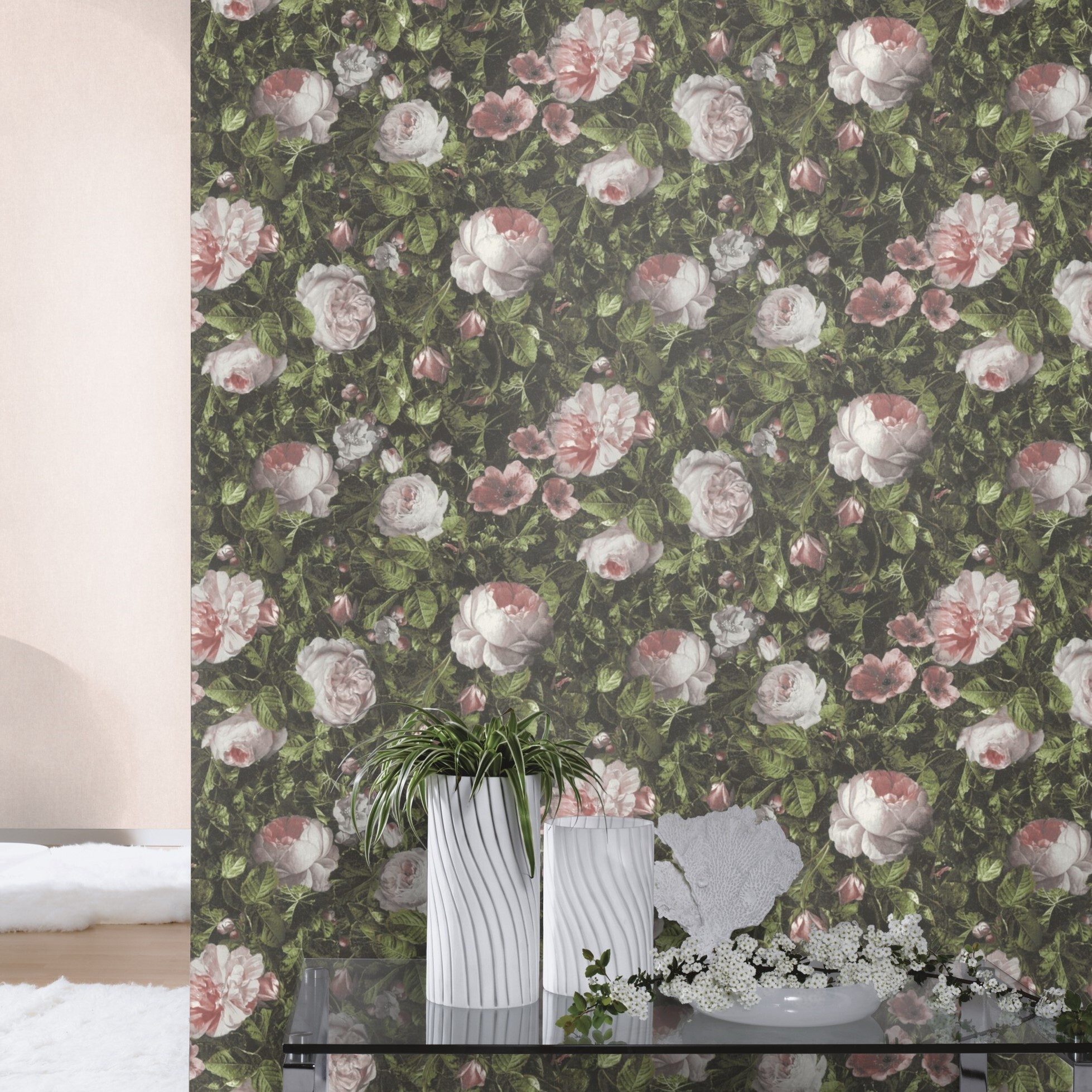 Rasch Papiertapete Vintage Rosen in Grün und Rosa, glatt, Blumen, (1 Rolle, 1 St), Floral, Rosen