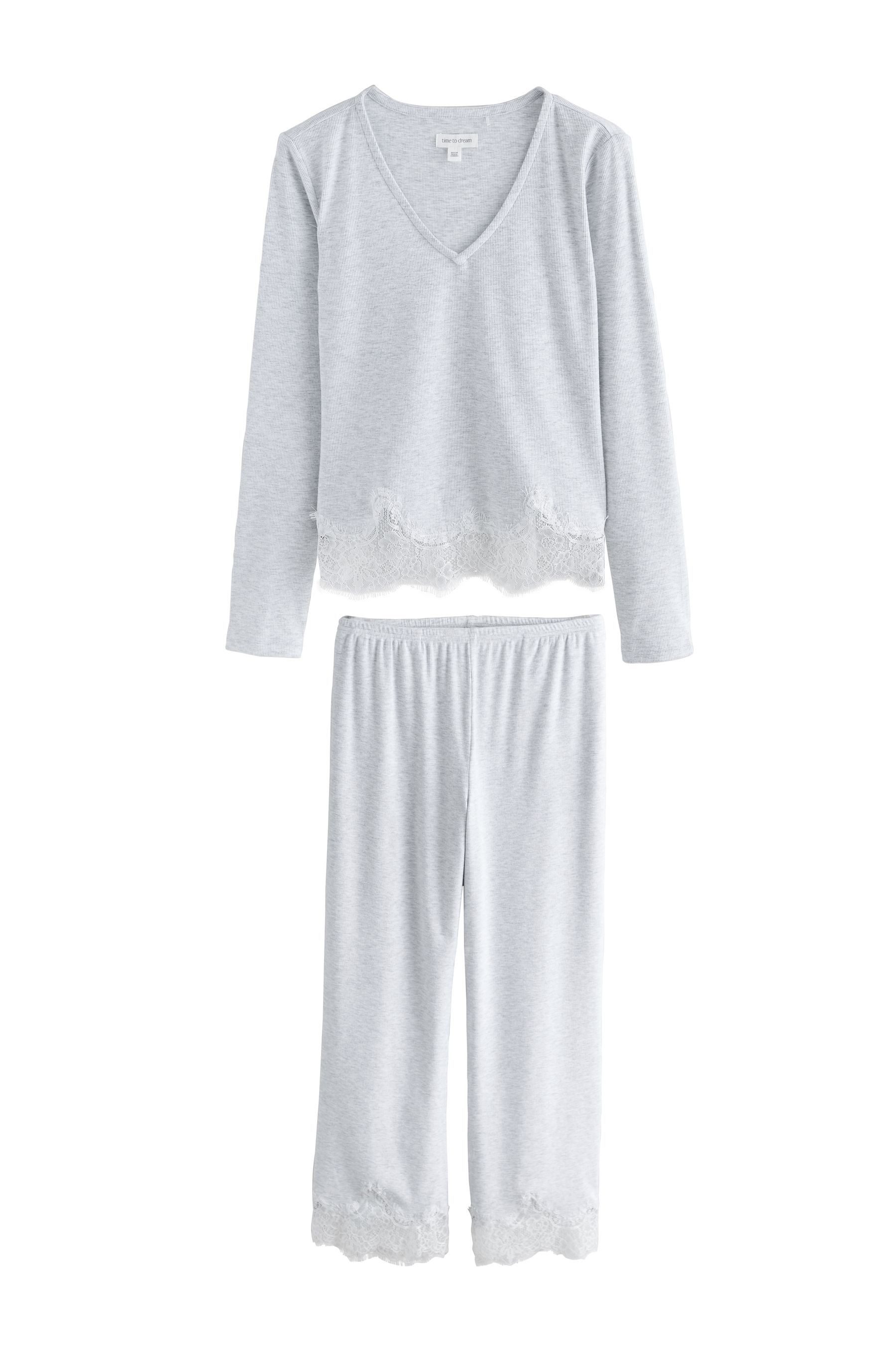 Next Pyjama Langärmeliger, gerippter Schlafanzug mit Spitze (2 tlg)