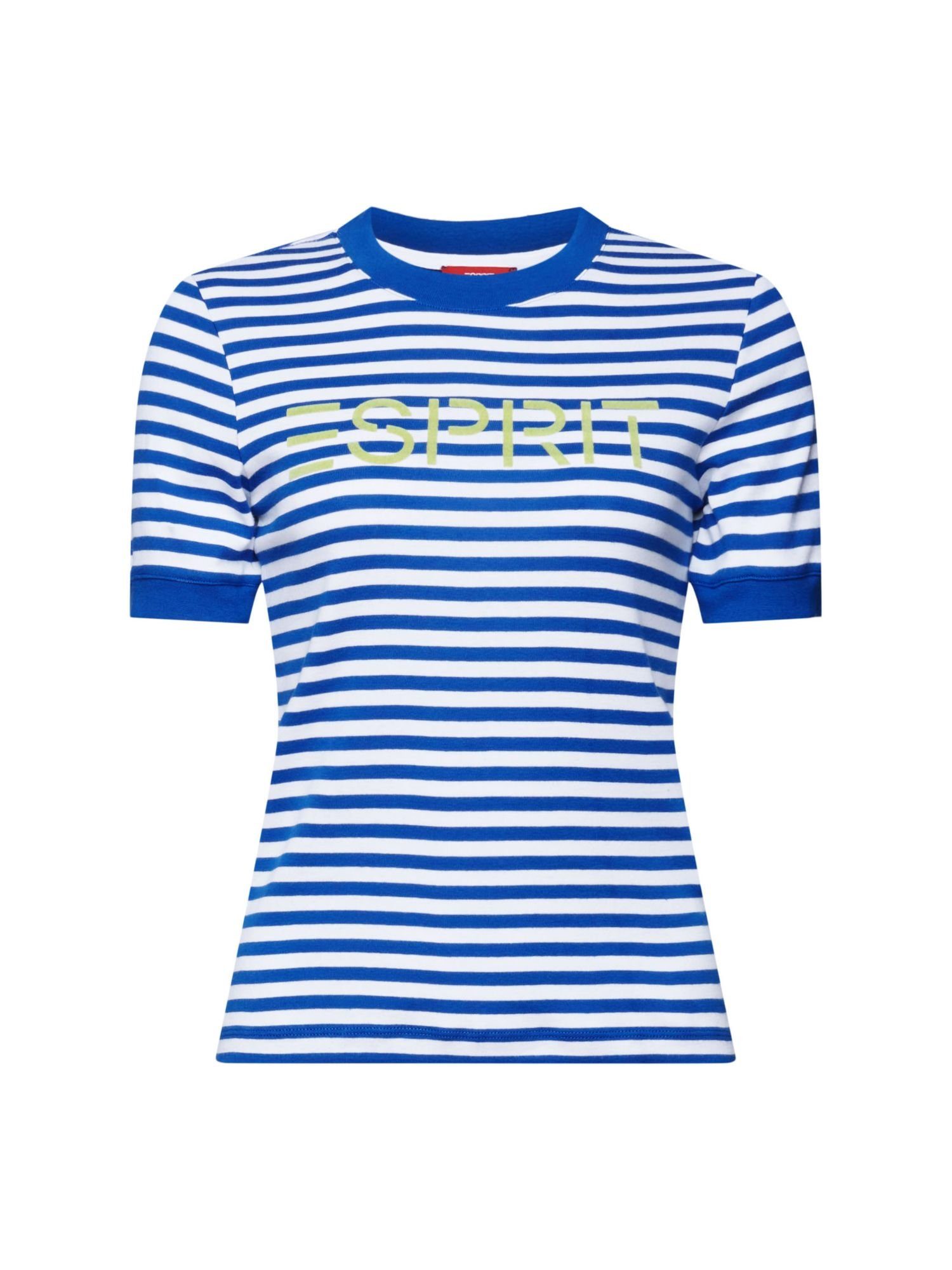 Esprit T-Shirt Gestreiftes Baumwoll-T-Shirt mit Logo-Print (1-tlg) BRIGHT BLUE