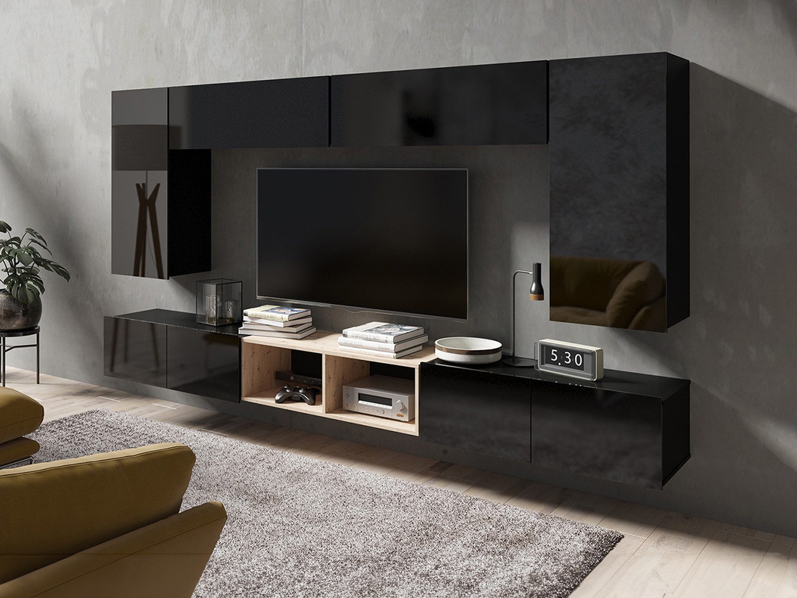 HAUSELEMENT Wohnwand CALABRINI-23, (7-St), Hängewohnwand Schrankwand Anbauwand Modern