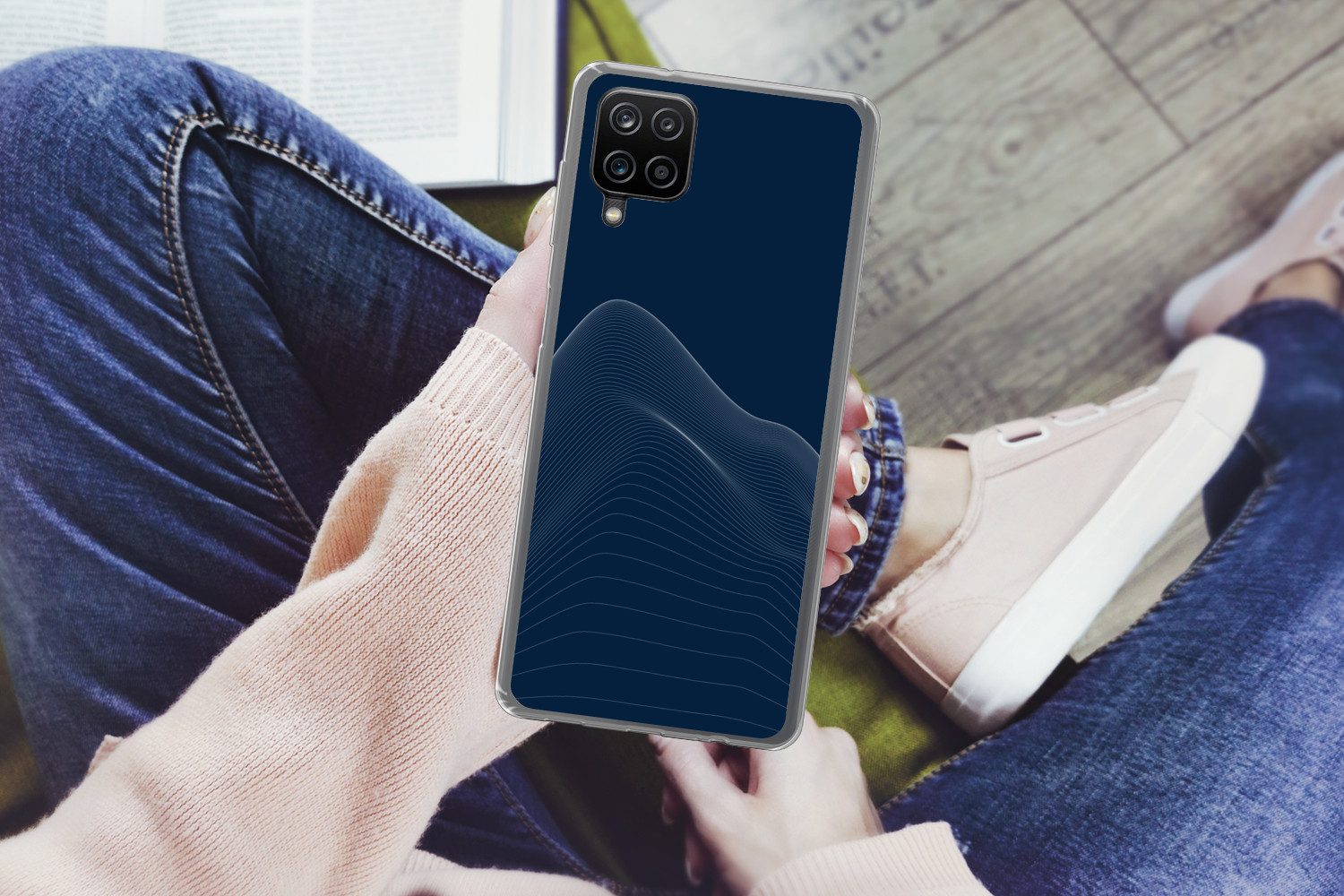 MuchoWow Handyhülle für Samsung Galaxy A12 Linien - Abstrakt - Blau - Weiß, Smartphone-Bumper, Print, Handy Schutzhülle Dünn