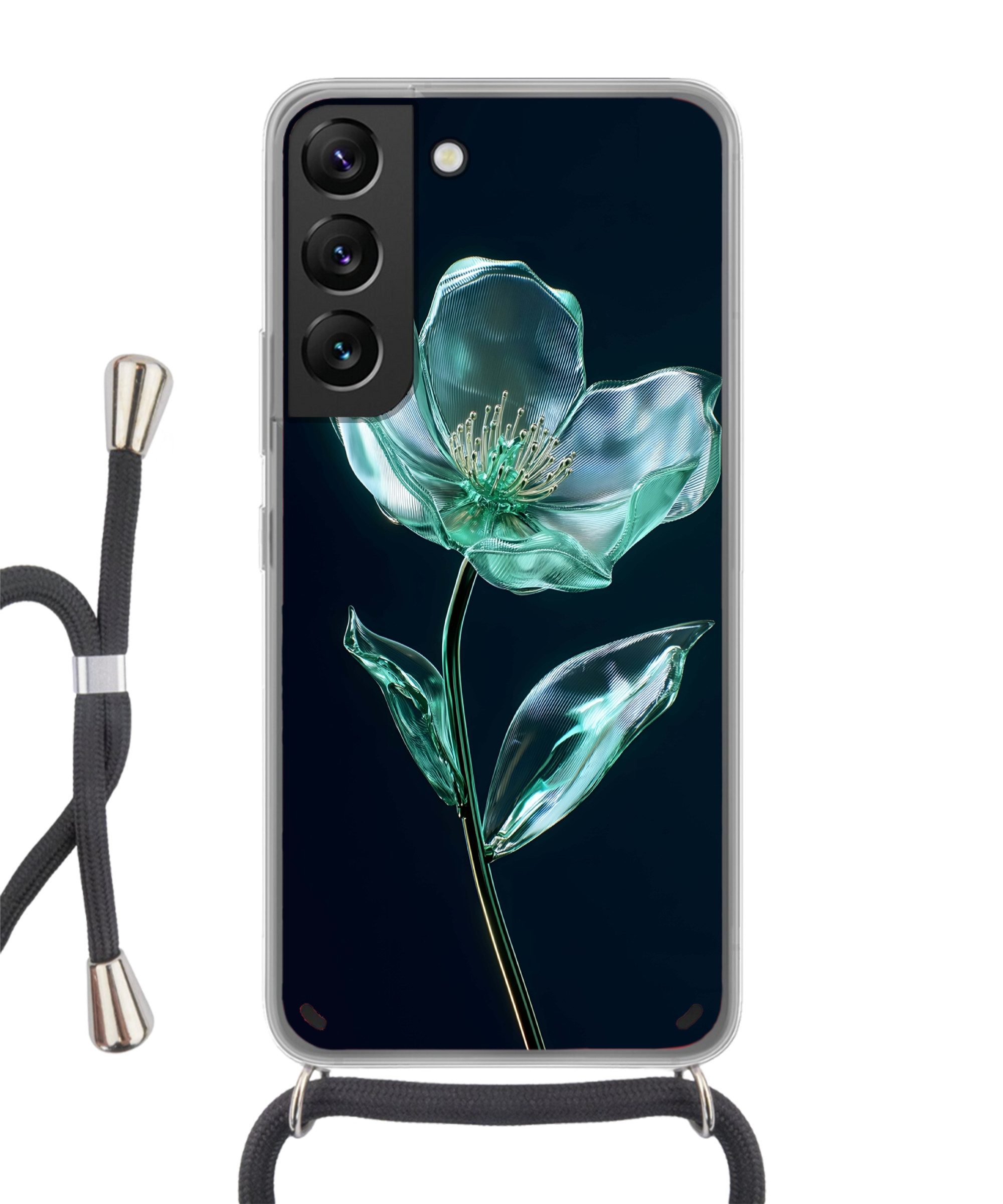 MuchoWow Handyhülle für Samsung Galaxy S22 Blätter - Blume - Gläser - Dunkelblau, Tragbare Handyhüllen mit Kette zum umhängen, Handykette Handyband