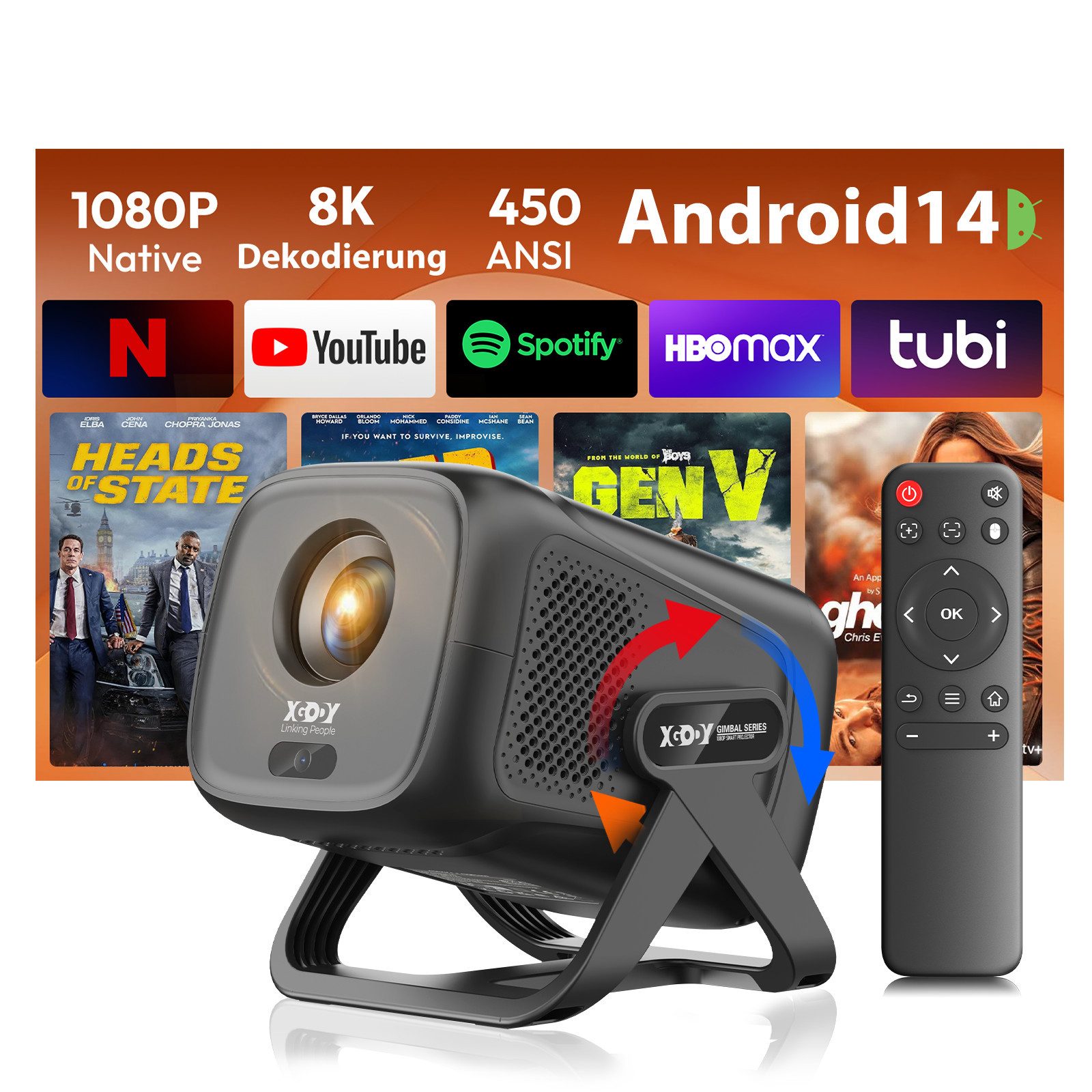 XGODY [1080P Native & Autofokus & 2026 Modell & Integrierte Apps] Mini Portabler Projektor (20000 lm, 15000:1, 3840 x2160 px, 150-Zoll-Display, Smart Tragbarer Projektor)