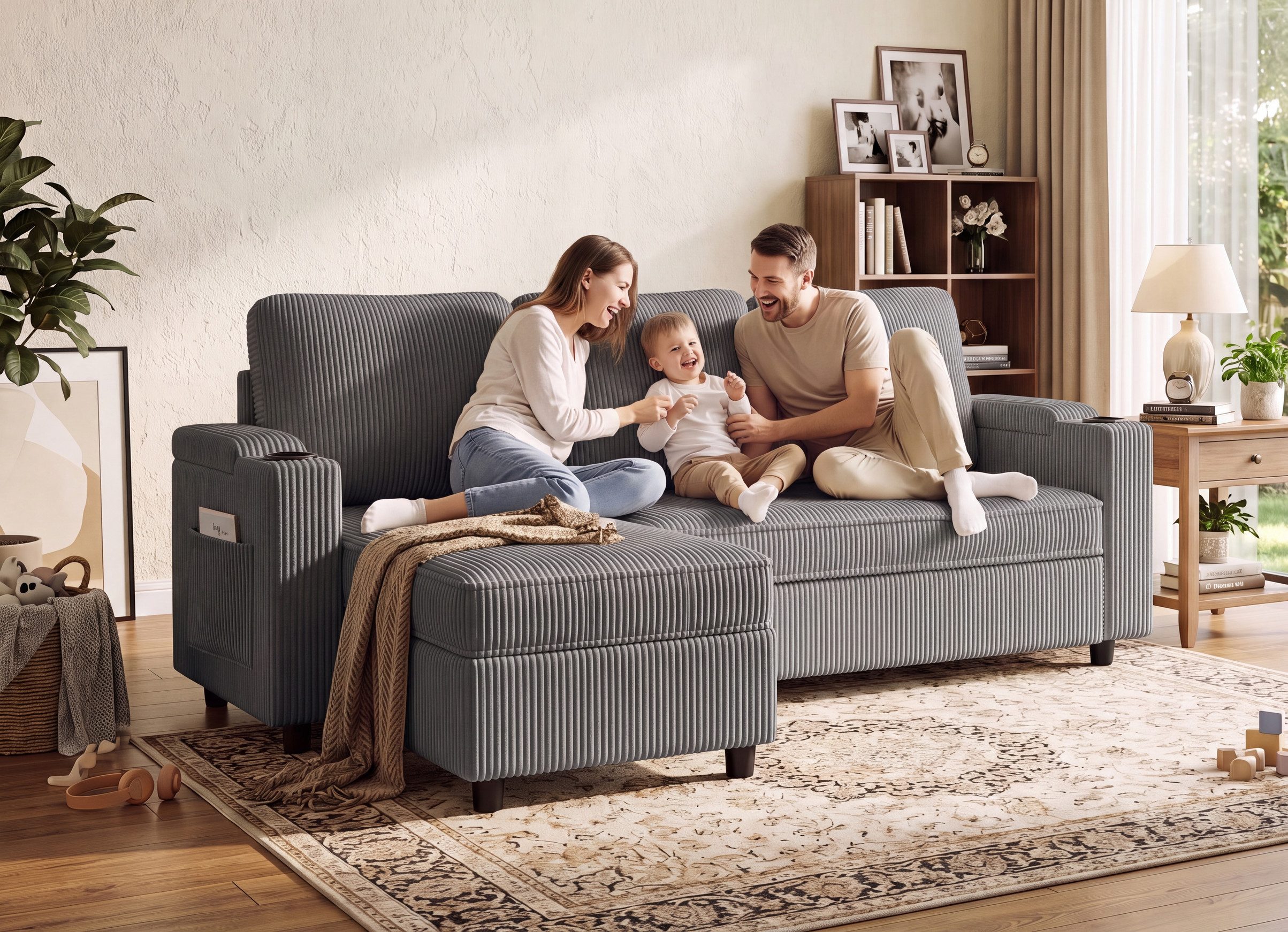 HOMALL Ecksofa 3-Sitzer L-Form Schlafsofa, mit Edler Cord-Stoff,Bettfunktion und Bettkasten
