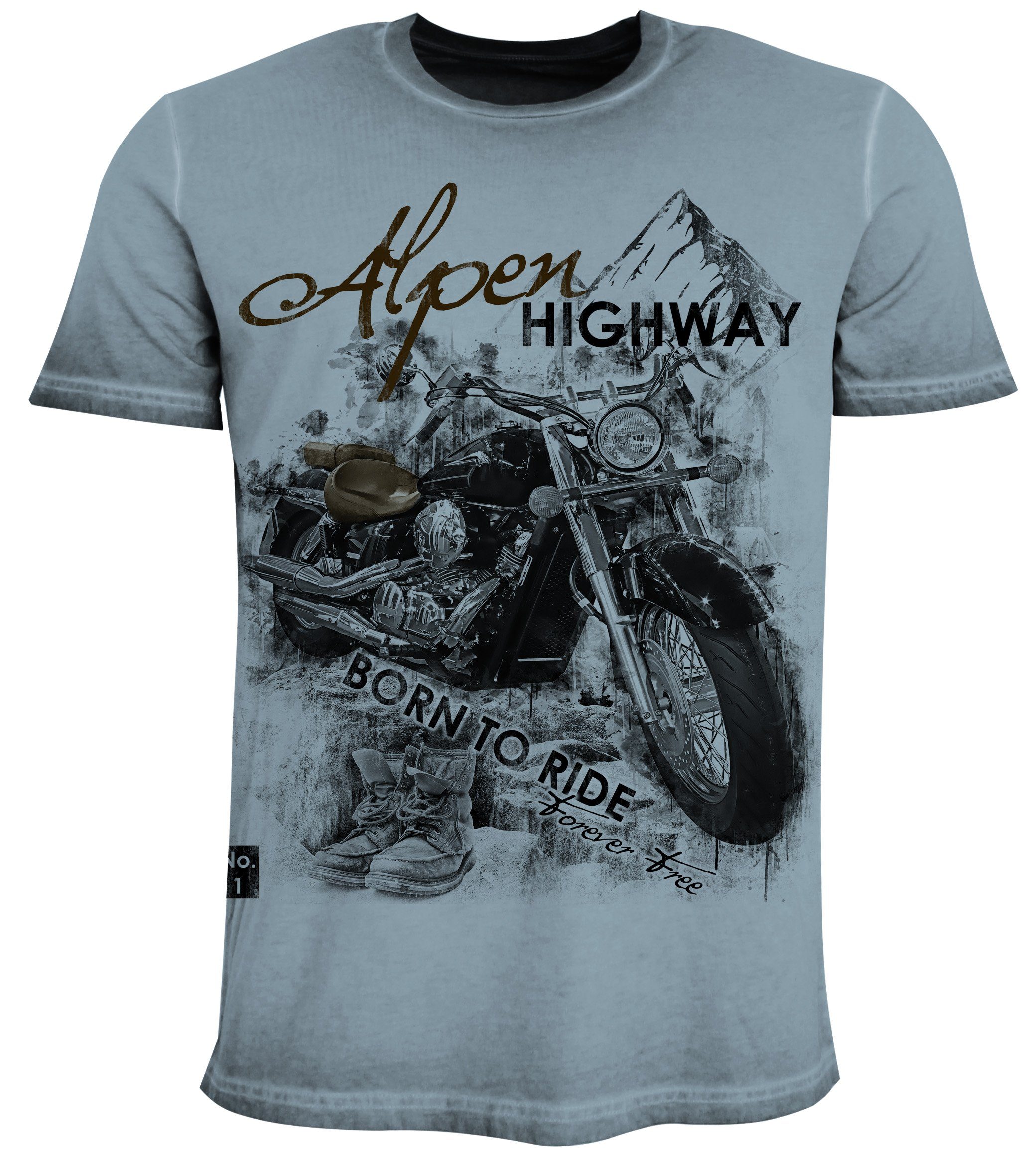 Print-Shirt Herren T-Shirt Alpenhighway aus Biobaumwolle Almtracht® Look Trachtenshirt used blau