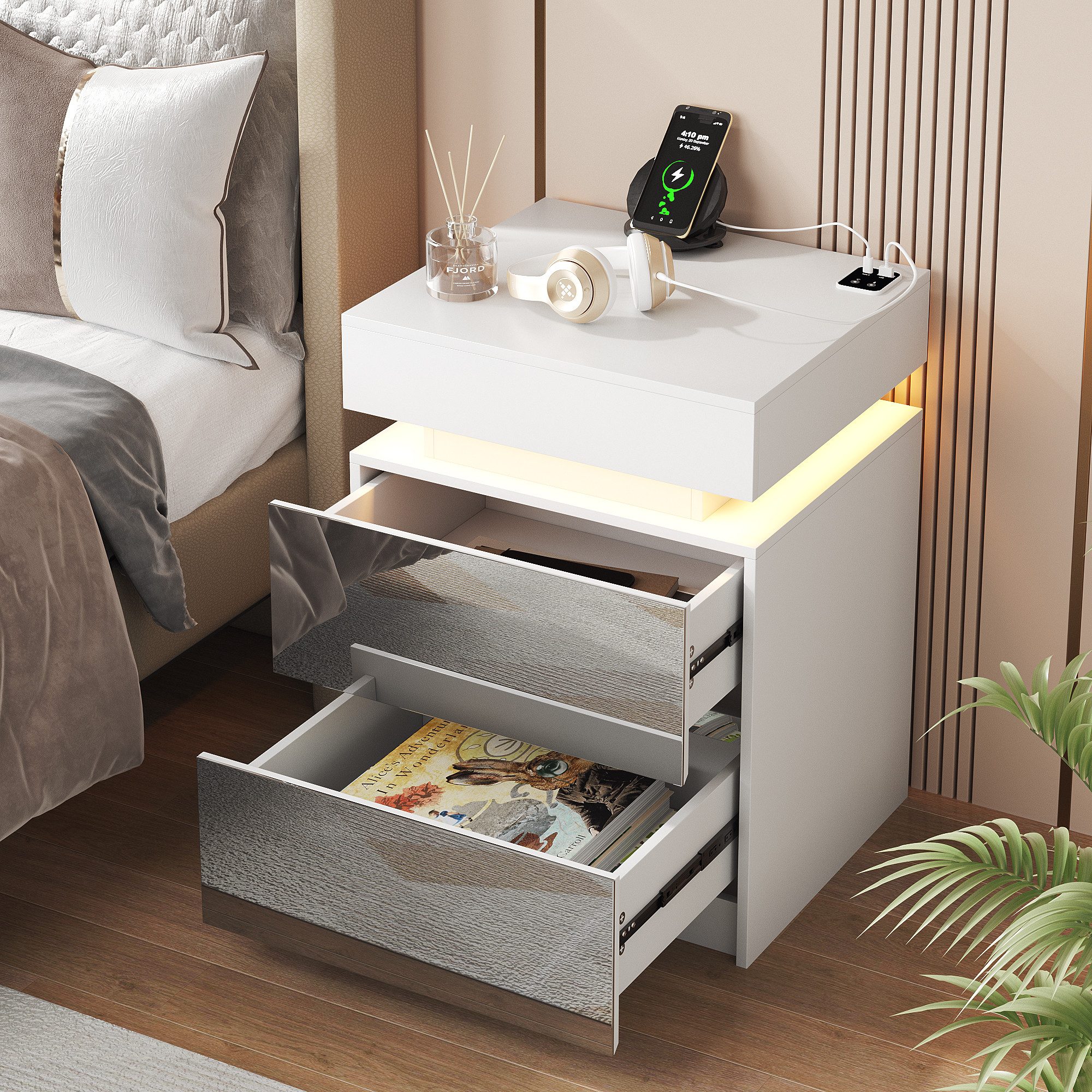 LVSOMT Nachttisch Moderner LED Nachttische mit Geheimfach, Ladefunktion, Sensorlicht (1-St), mit USB-C Laden, Smart LED Lichtfarben, Schubladen mit Spiegel