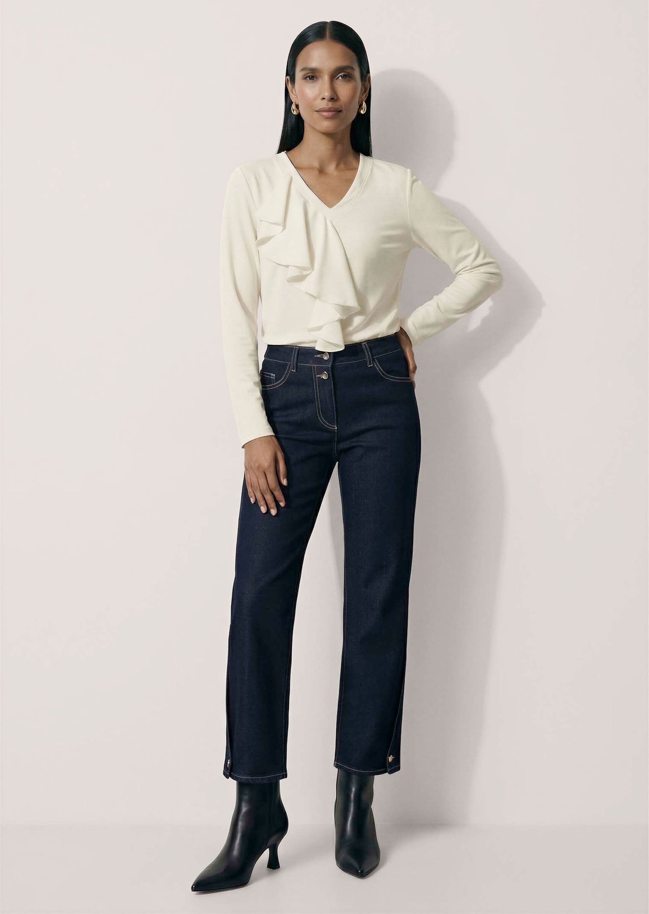 MADELEINE Gerade Jeans Gerade Jeans mit geknöpftem Saum Gürtelschlaufen, 5-Pocket-Style & Reißverschluss mit zwei Knöpfen