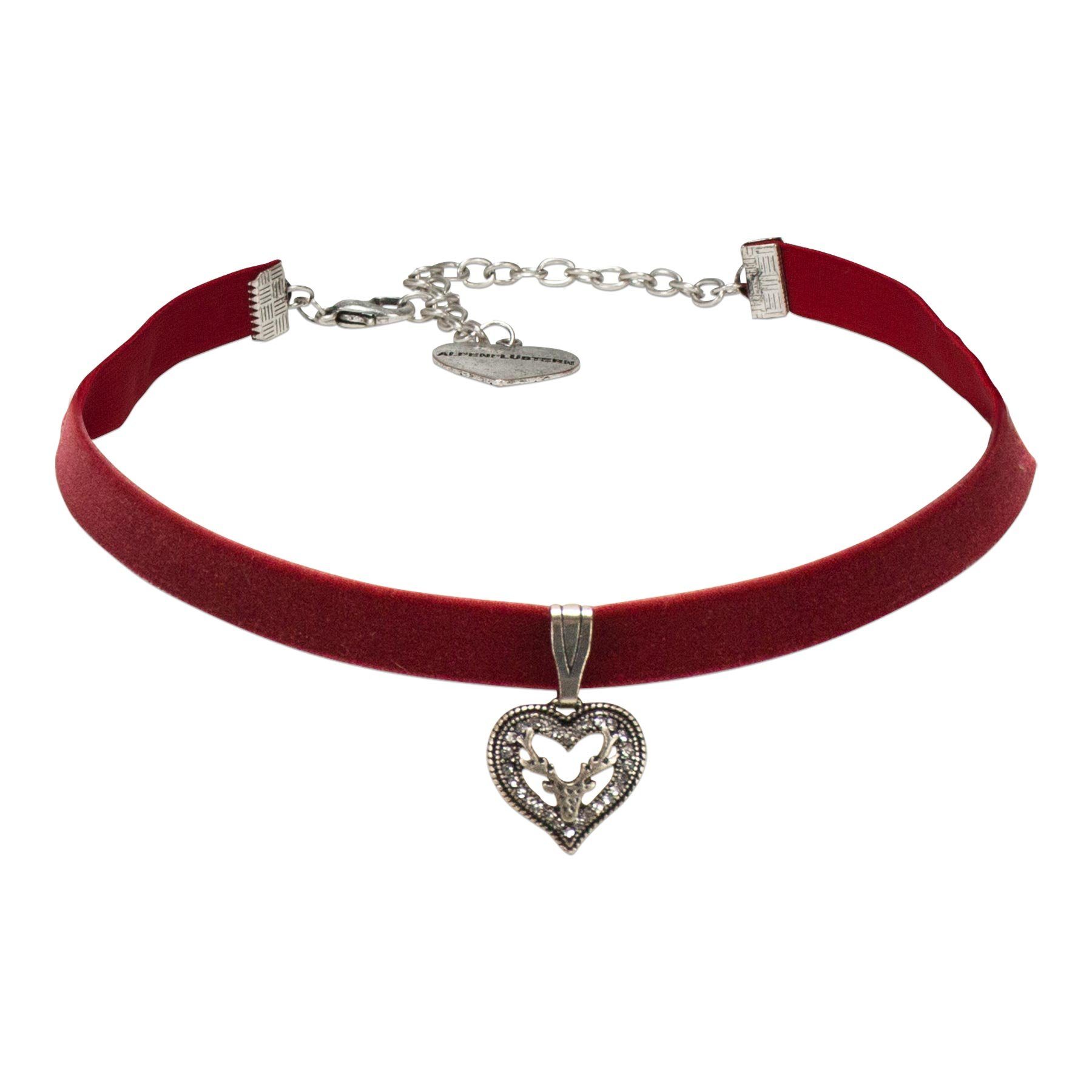 Alpenflüstern Choker Trachten-Samt-Kropfband Strassherz-Hirsch (dunkel-rot), - nostalgische Trachtenkette enganliegend, Kropfkette elastisch, Damen