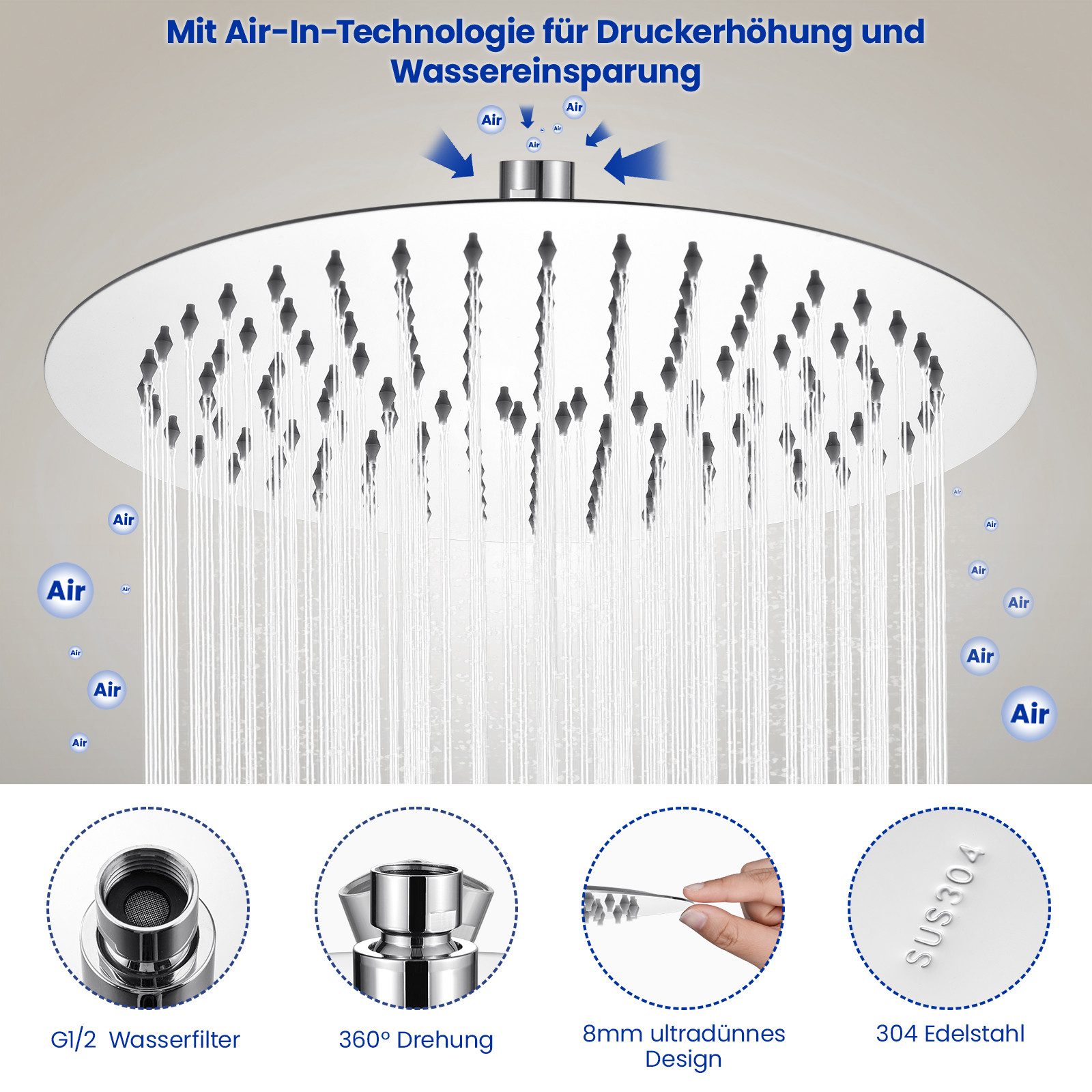 Regenduschkopf 20,3cm - 360° Drehbarer Duschkopf Mit Druckverstärkung