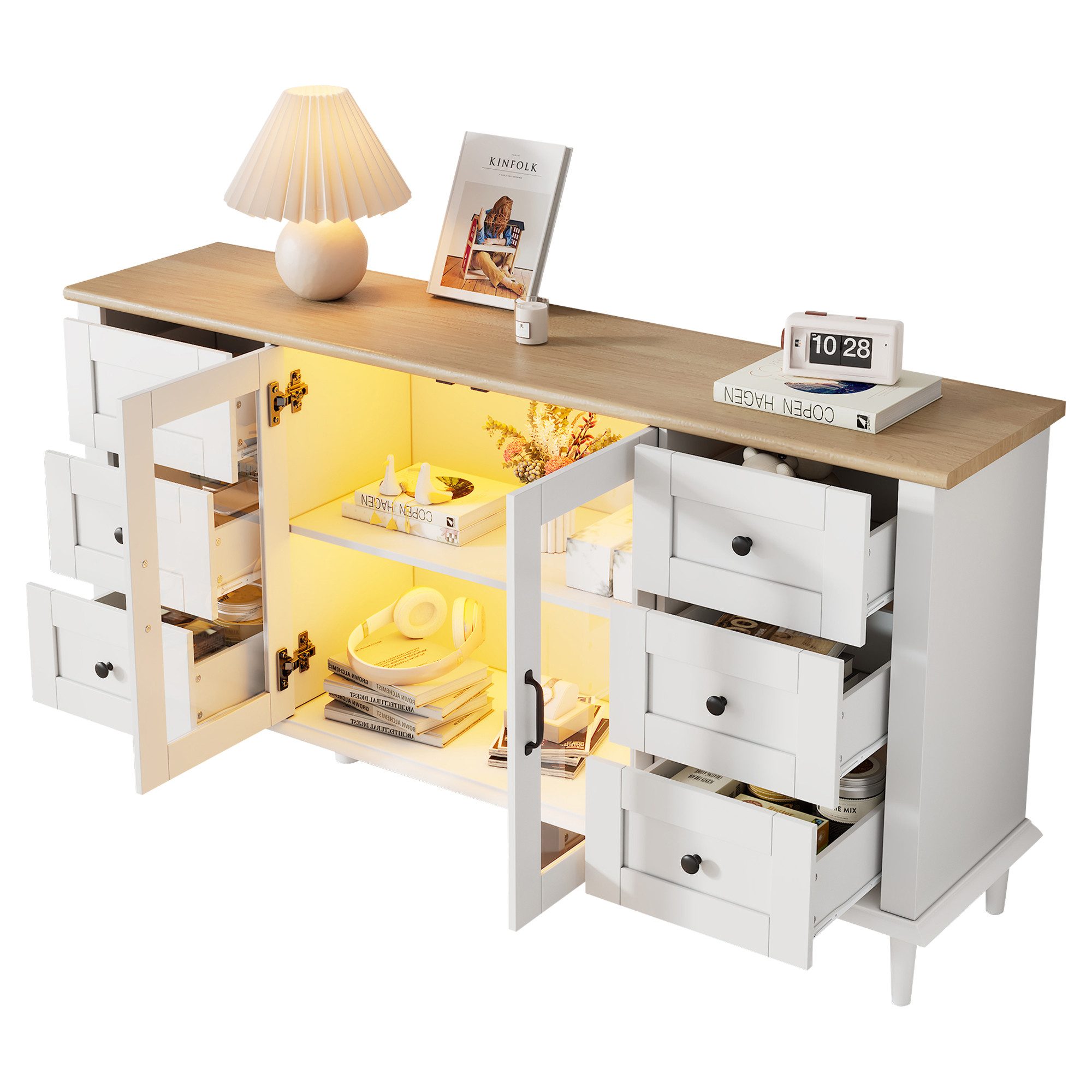 STILVORA Sideboard Sideboard Wohnzimmerschrank Aufbewahrungsschrank mit Schublade (Lowboard mit Doppel Acryl Türen und LED-Leuchten,Dämpfungsscharnieren, Esszimmerschrank mit breite grifflose Schließfächer), Anrichte, Stauraummöbe Weiß + Holzton