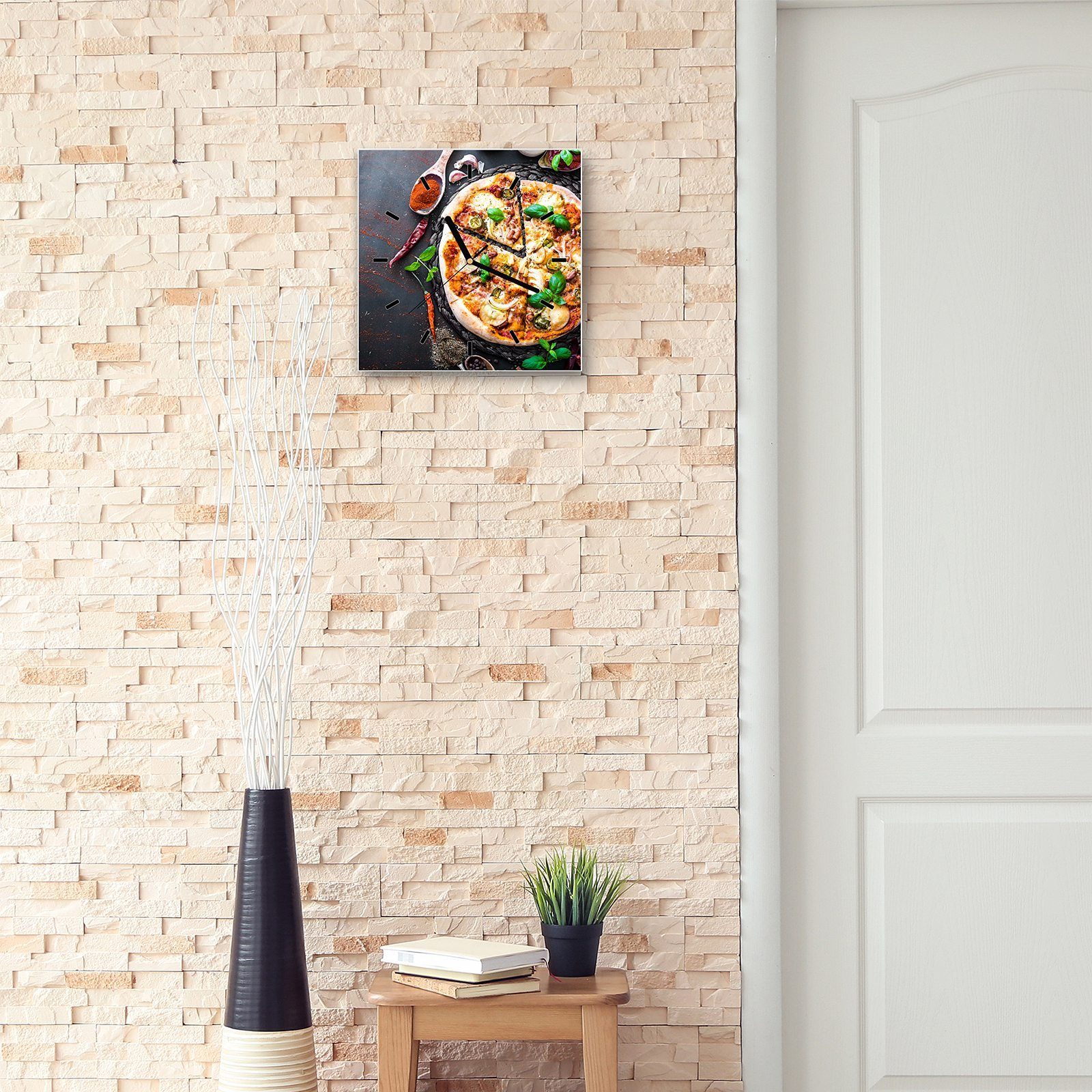 Gemüsepizza Wandkunst cm 30 30 x Wanduhr Glasuhr mit Größe Primedeco Wanduhr Motiv