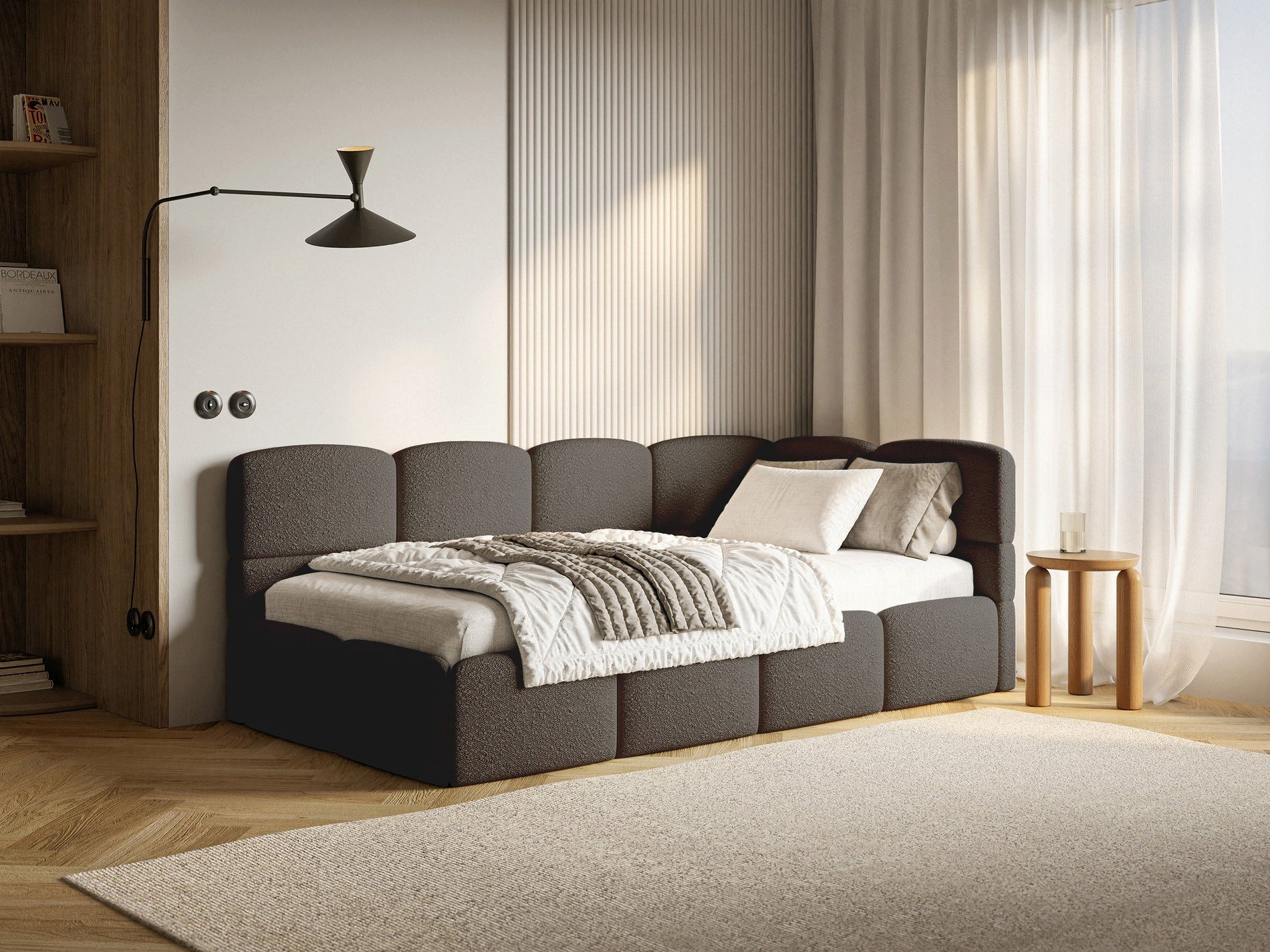 Selsey Einzelbett CLOUDY, Einzelbett 120x200, Eck-Kopfteil, Matratze & Bettkasten, Bouclé