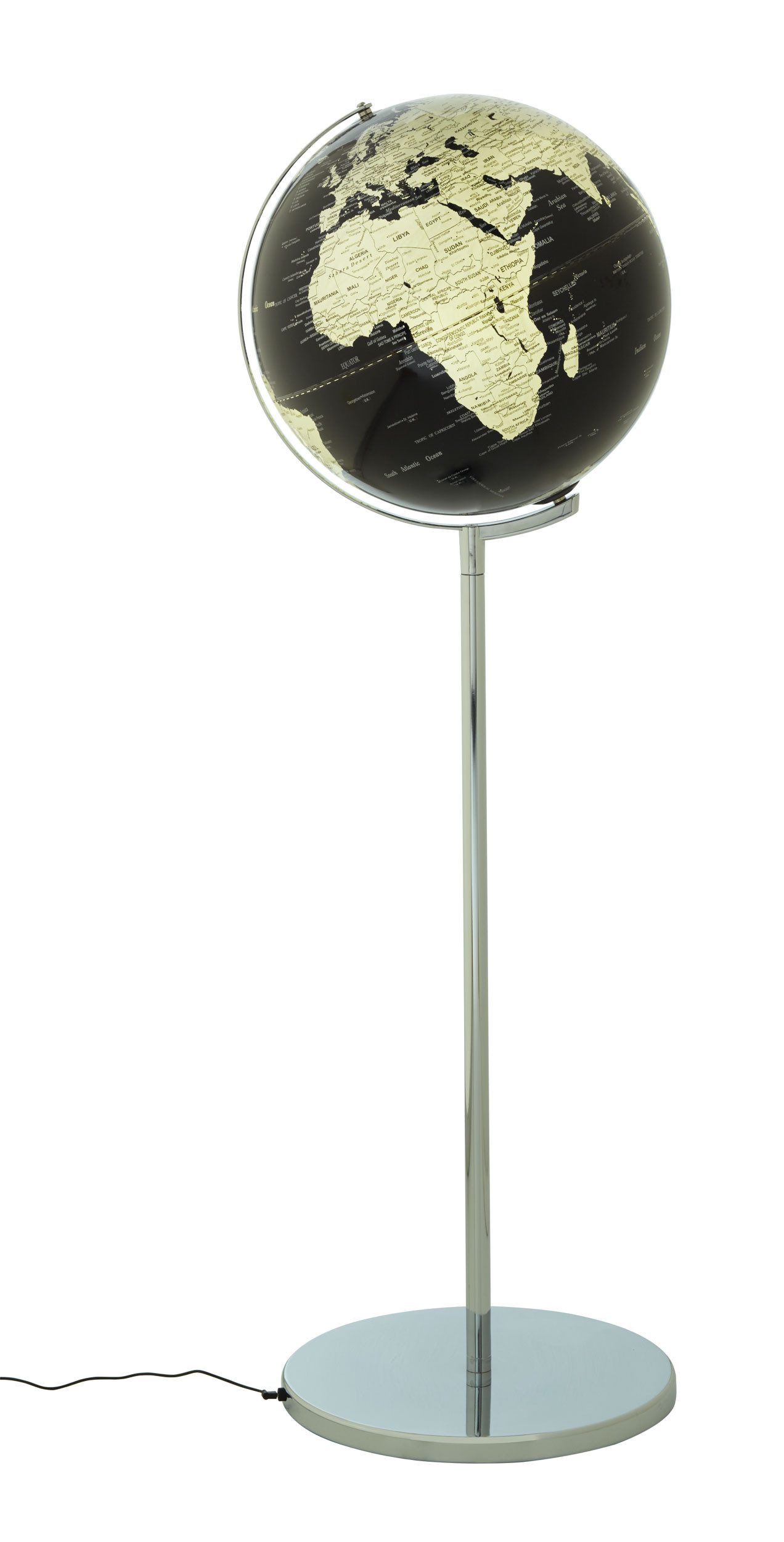 TROIKA Globus SOJUS LIGHT mit LED & verchromtem Standfuß, 43x43x132 cm, (43 cm Durchmesser), englische Beschriftung, in 3 Farbvarianten, hochwertige Verarbeitung