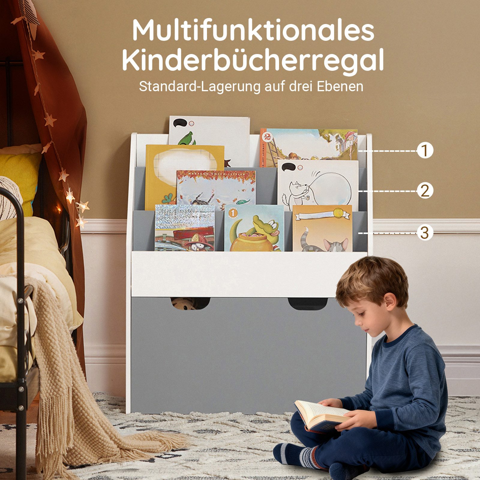 SoBuy Bücherregal KMB17, Kinderregal Aufbewahrungsregal, Kinderzimmer Möbel, mit 3/4 Ablagefächern und einer herausnehmbaren Spielzeugtruhe