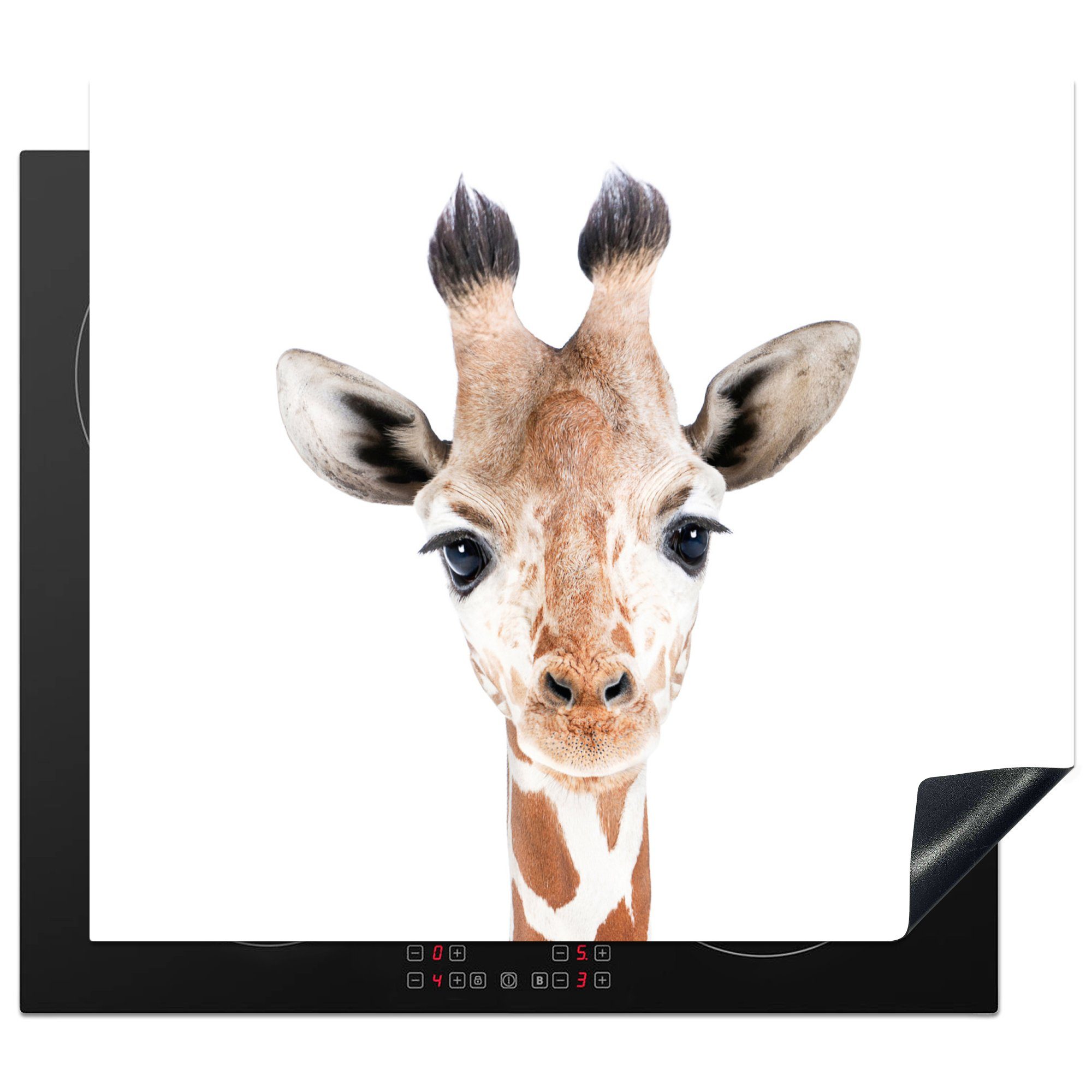 - 60x52 Ceranfeldabdeckung Mobile Tiere Herdblende-/Abdeckplatte Natur (1 Porträt, Arbeitsfläche tlg), nutzbar, MuchoWow Vinyl, - Giraffe - cm,