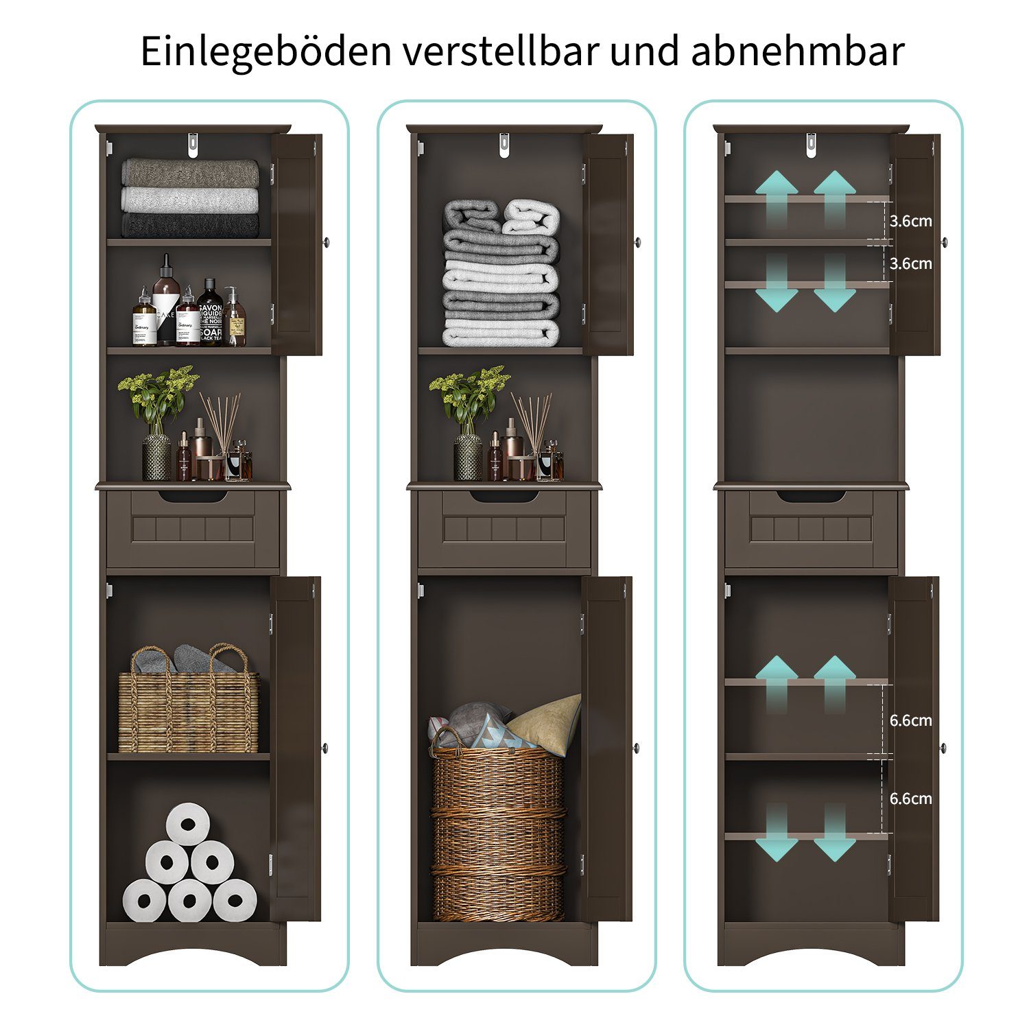 Braun Schrank Badezimmerschrank, Bealife Hochschrank mit 2 40x30x170cm Badezimmer, Tür,