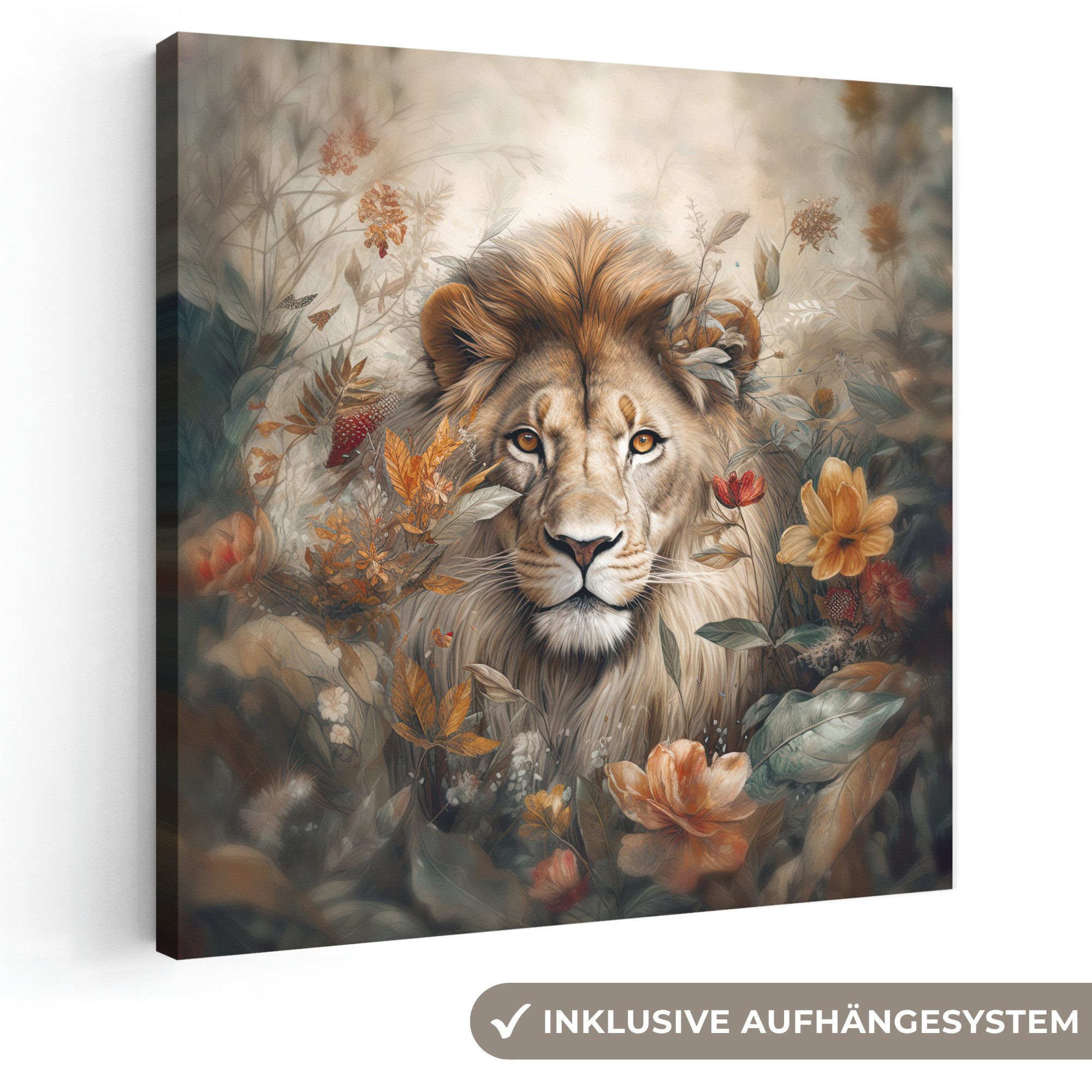 OneMillionCanvasses® Leinwandbild Löwe - Wildtiere - Pflanzen - Natur - Blumen, Fotodruck (1 St), Schlafzimmer Deko Aesthetic, Bilder über Bett, 20x20 cm