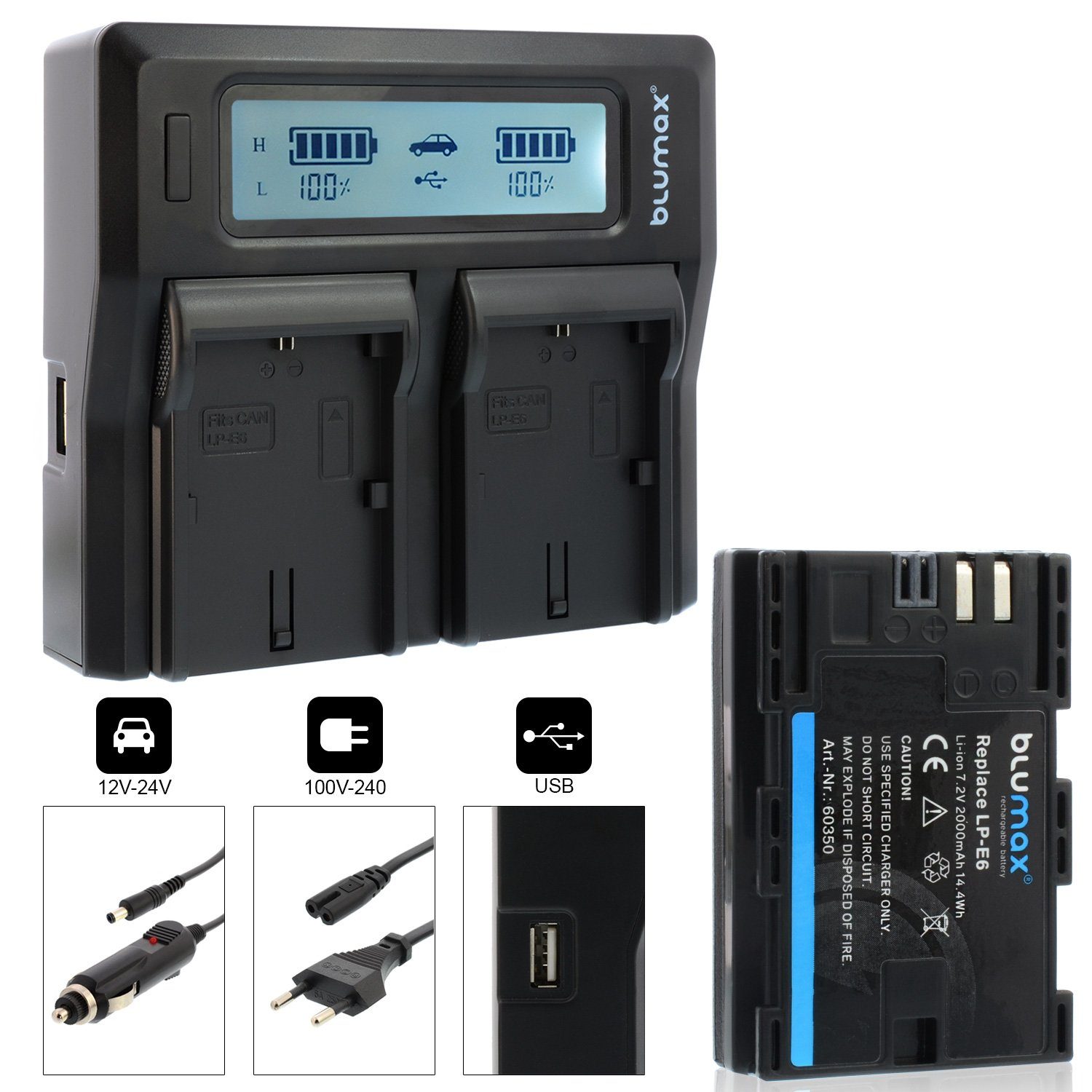 Blumax Set mit Lader für Canon LP-E6 EOS LP-E6N 2000 mAh Kamera-Ladegerät