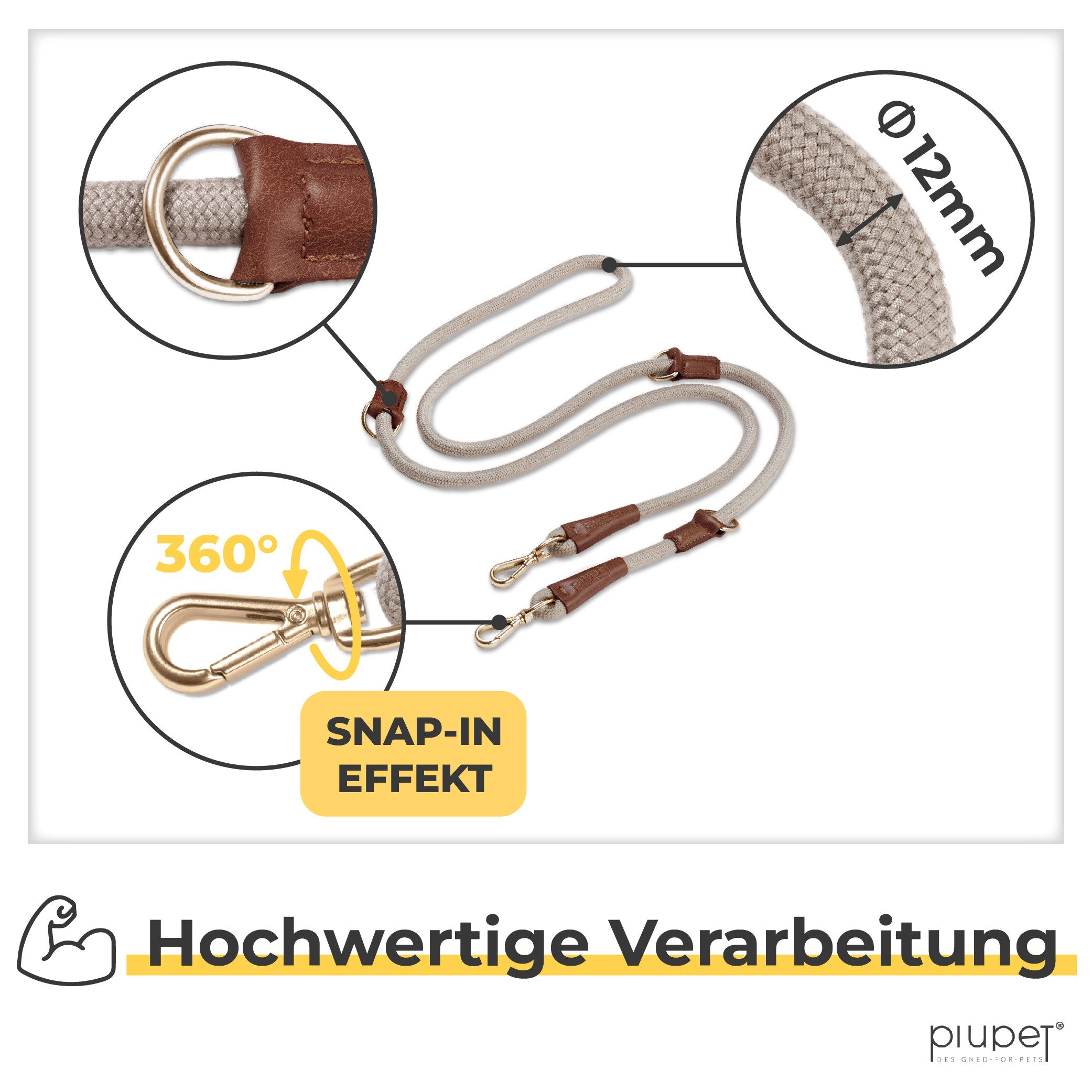 Piupet Hundeleine Hundeleine 2m, 3-Fach Längenverstellbar, Große & Kleine Hunde, Snap-In Effekt, bis 200kg Zugkraft
