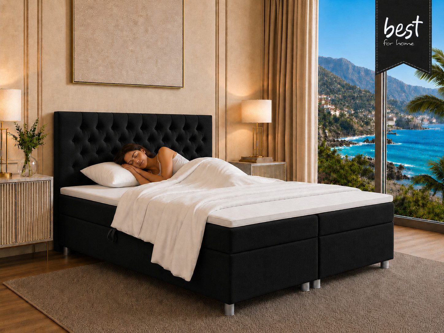 Best for Home Boxspringbett Boxspringbett Trinity K-14 mit 7-Zonen-Matratze und Stauraum (Boxspringbett-Set, 1-St., Boxspringbett-Set inklusive Matratze, Topper und Bettkästen), 7-Zonen-Matratze, PUR-Schaum-Topper, gepolstertes Kopfteil