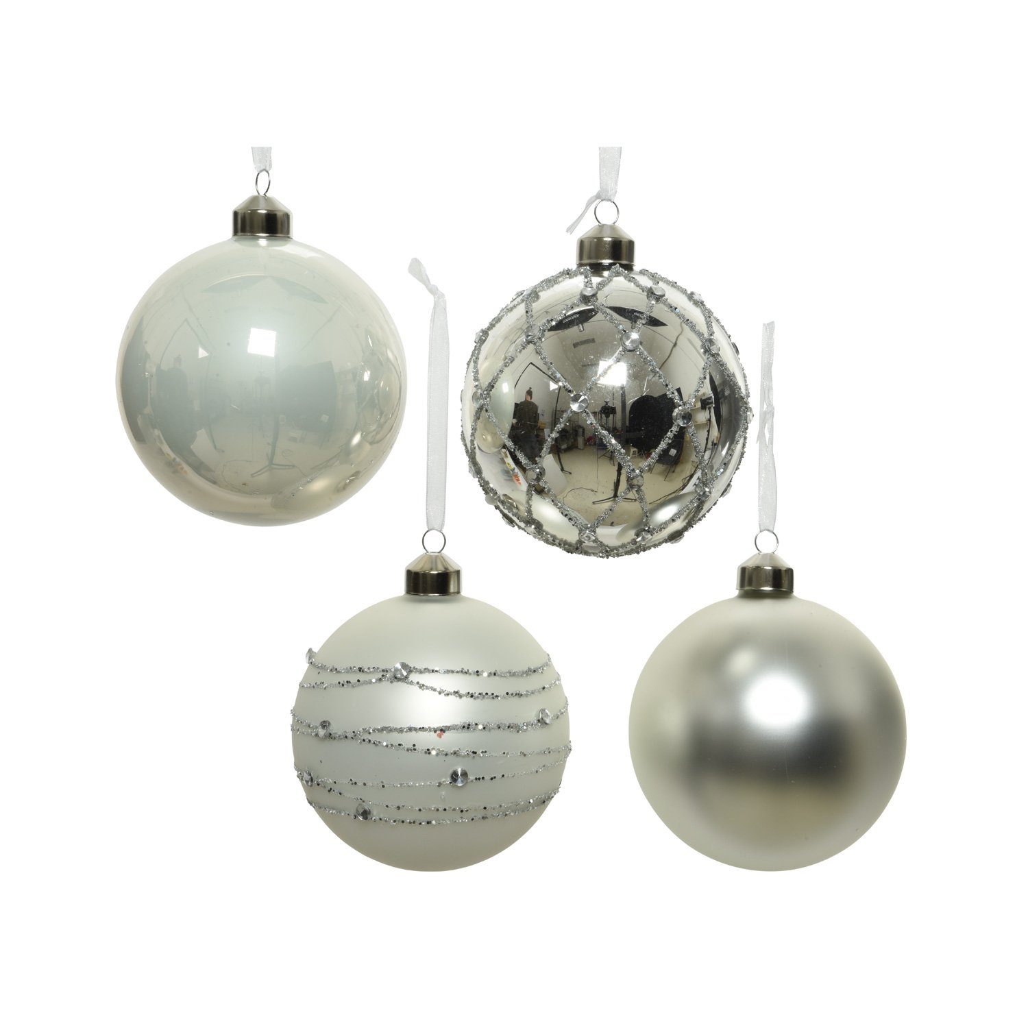 Weihnachtskugel D: St) Christbaumkugel 10cm Weihnachtsbaumkugel MARELIDA (4 silber 4er Glas weiß Set