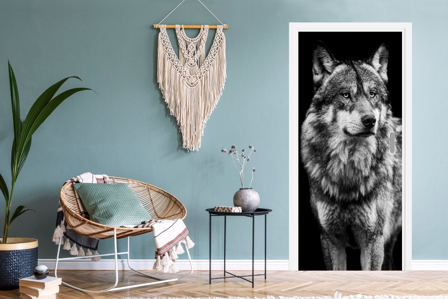 cm Matt, Wolf - für Türaufkleber, Tiere Wild Schwarz Türtapete Fototapete 75x205 - - - Tür, St), MuchoWow (1 bedruckt, Weiß,