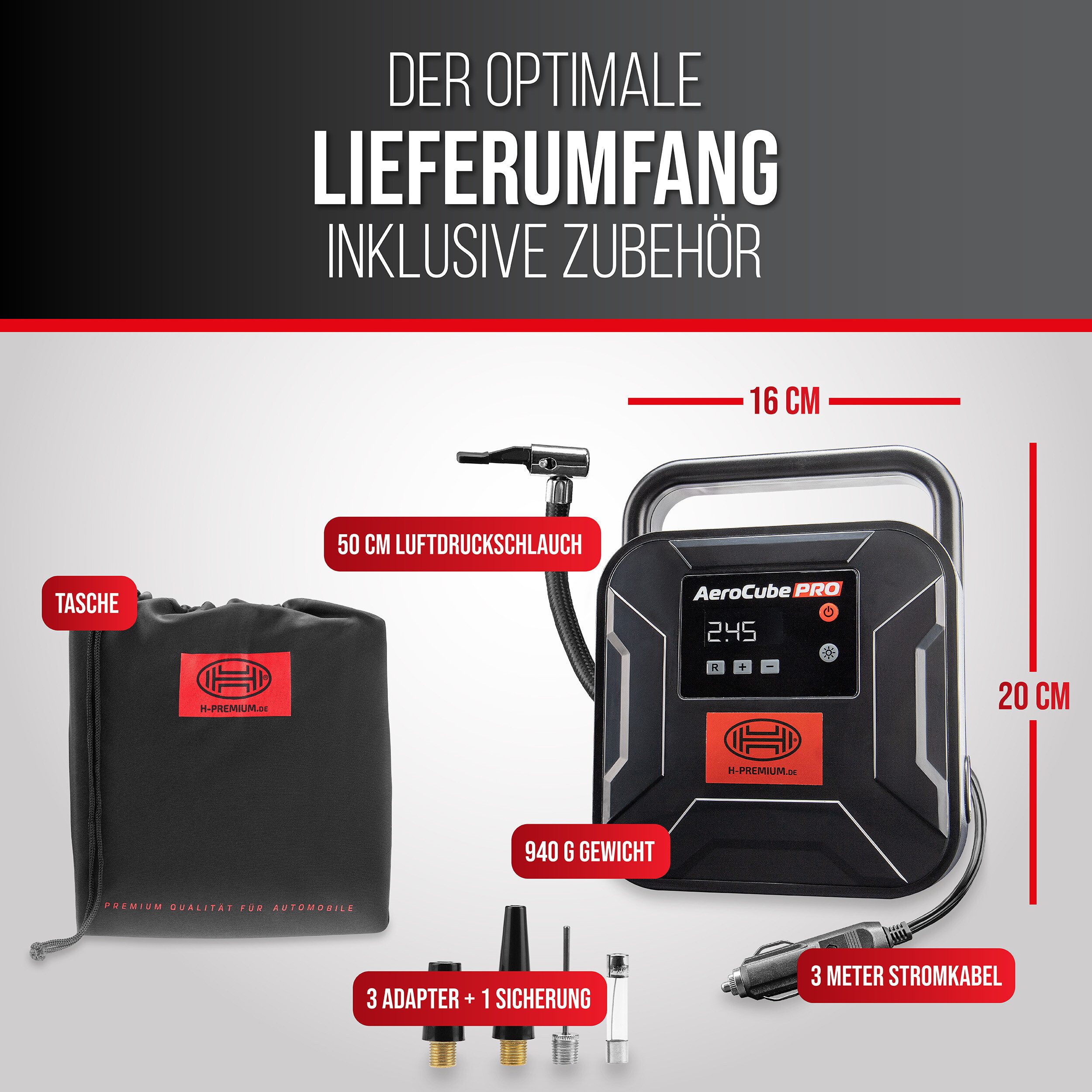 HEYNER Kompressor Luftkompressor 12 V 120 W 35 L/min 10 bar mit Auto-Stopp LCD, 120 W, max. 10 bar, 1-tlg.