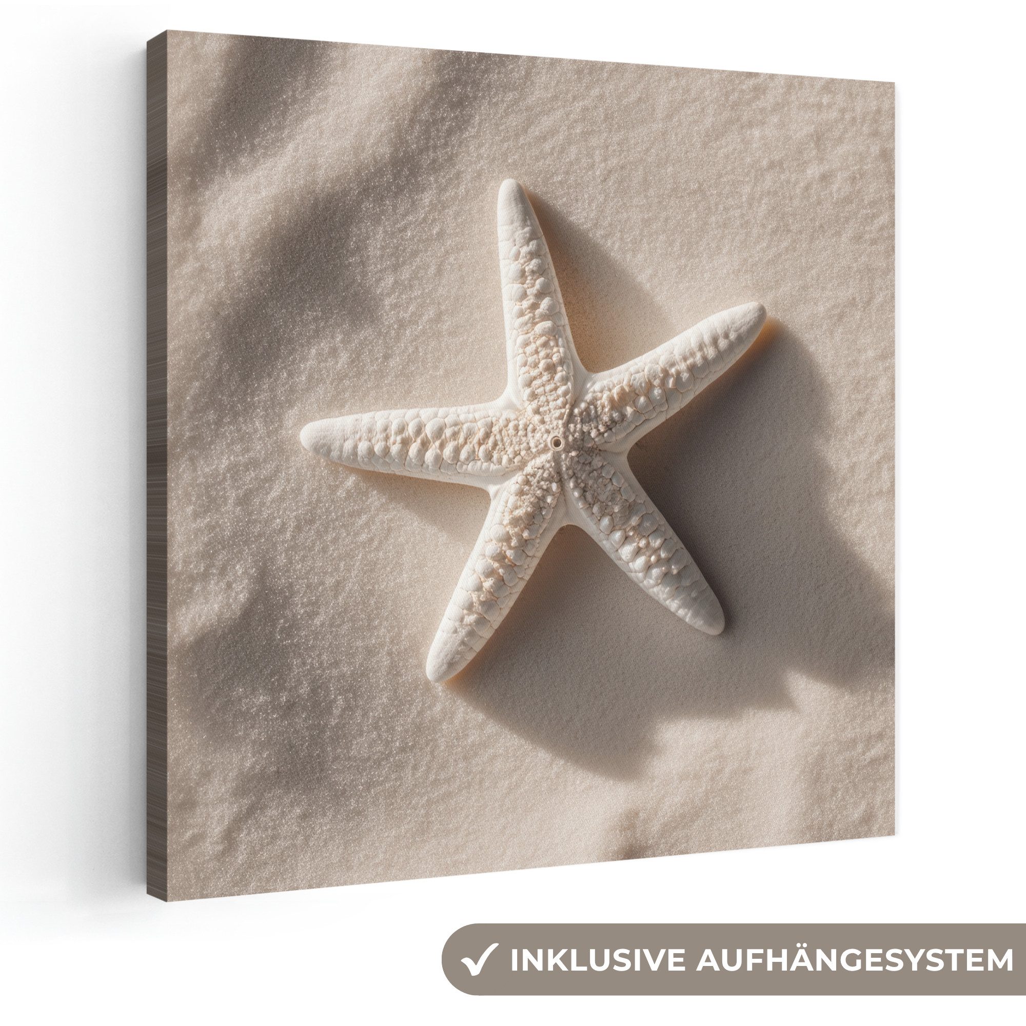 OneMillionCanvasses® Leinwandbild Strand - Seestern - Sand - Beige, Fotodruck (1 St), Wandbild, Deko Schlafzimmer Wohnzimmer Flur 20x20 cm