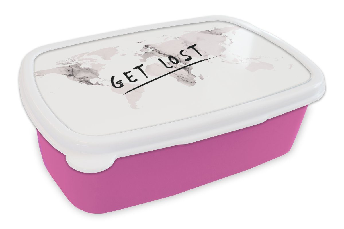 MuchoWow Lunchbox Weltkarte - Marmor - Zitat, Kunststoff, (2-tlg), Brotbox für Erwachsene, Brotdose Kinder, Snackbox, Mädchen, Kunststoff rosa | Lunchboxen