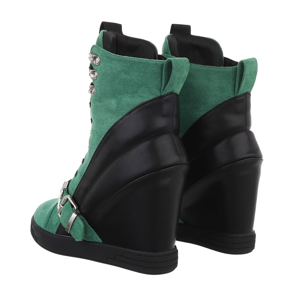 Ital-Design Damen Freizeit Schnürstiefelette Keilabsatz/Wedge High-Heel Stiefeletten in Grün