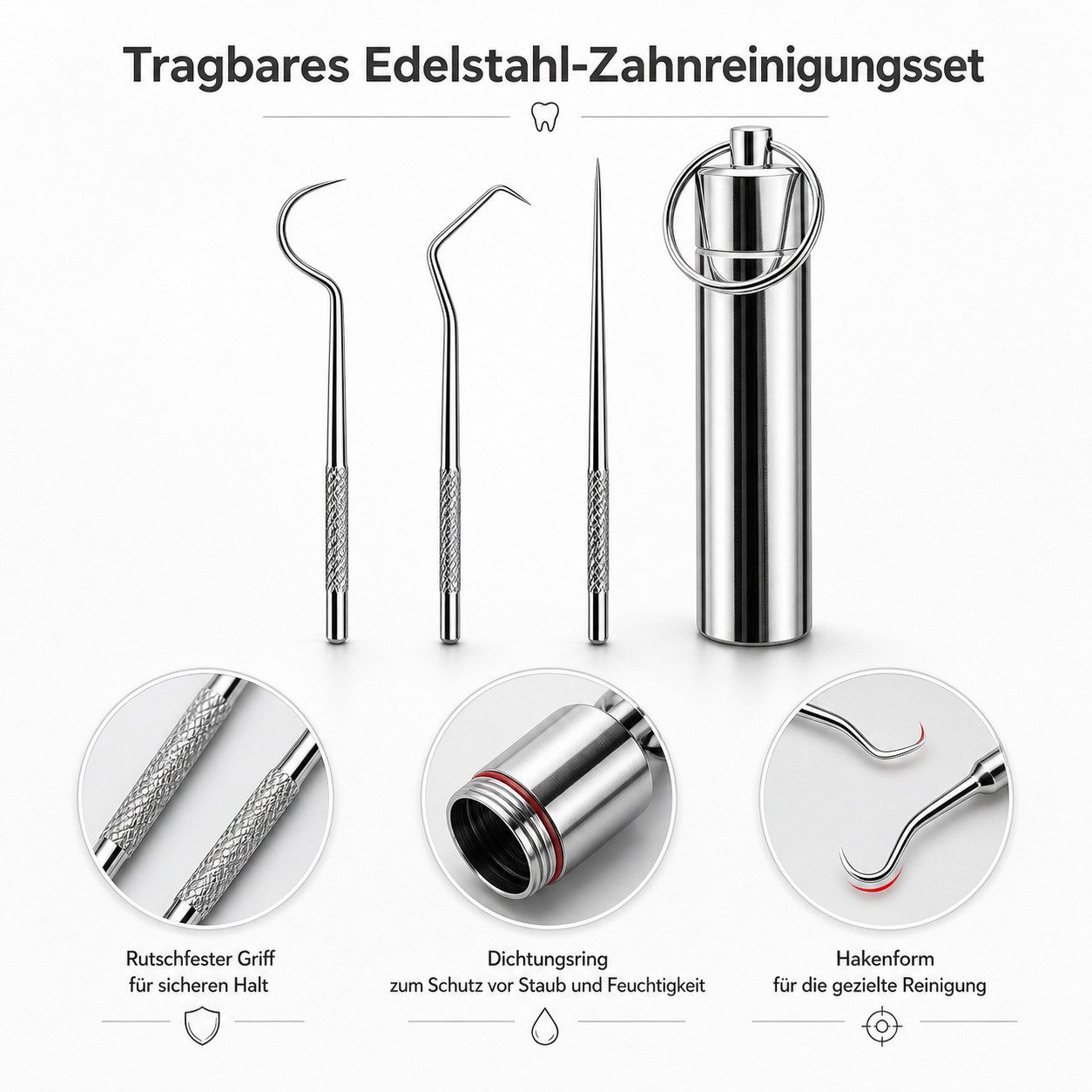 COOL-i ® Zahnpflege-Set Edelstahl-Zahnstocher Set – 9-teilig, wiederverwendbar & tragbar, mit Schlüsselring & Etui – ideal für Zahnreinigung, Reisen & Outdoor