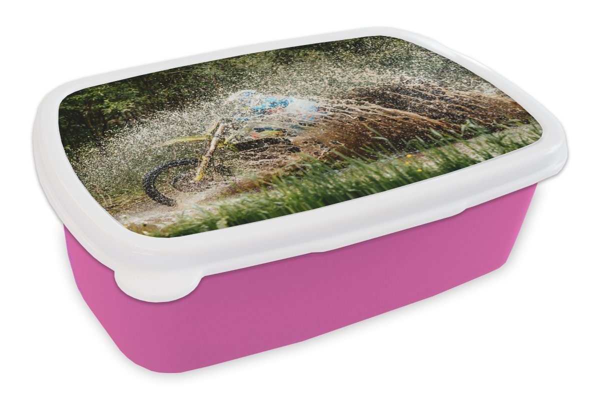 Brotdose Erwachsene, rosa für Kunststoff Brotbox Kinder, Motocross MuchoWow - Snackbox, Wasser, Mädchen, Crossroads - (2-tlg), Lunchbox Kunststoff,