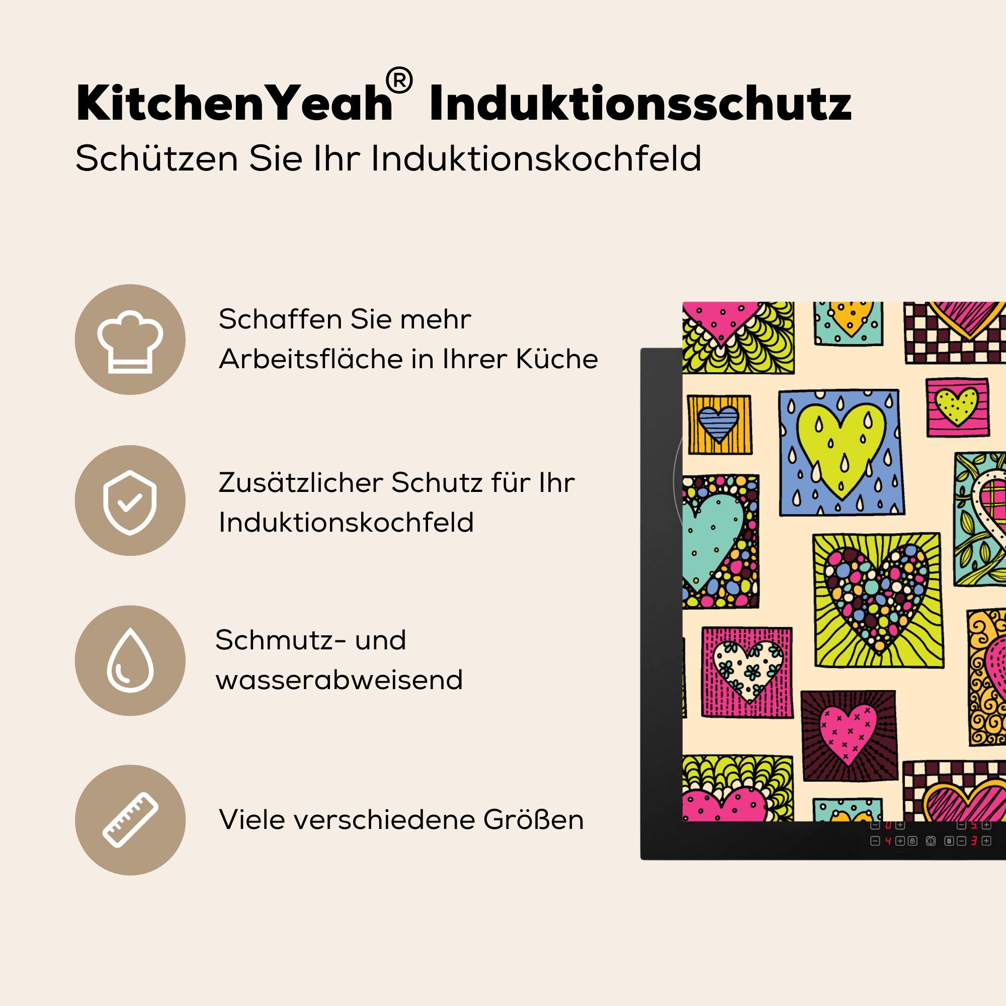 MuchoWow Herzen (1 Herdblende-/Abdeckplatte Bohemian - - küche, Kritzelei cm, Muster, Ceranfeldabdeckung Vinyl, 59x52 tlg), Induktionsmatte - für die