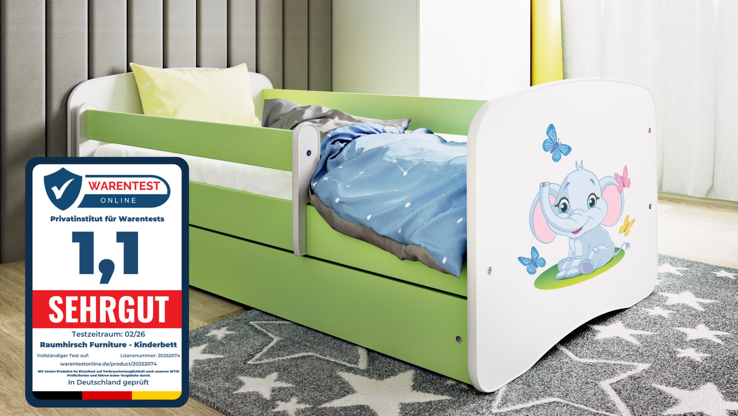 Raumhirsch Furniture Kinderbett 70x140, 80x160, 80x180 cm - Komplettset mit Schublade (Bett für Mädchen, Einzelbett Kinder 2–12, mit Rausfallschutz & Lattenrost), verschiedene Farben & Designs