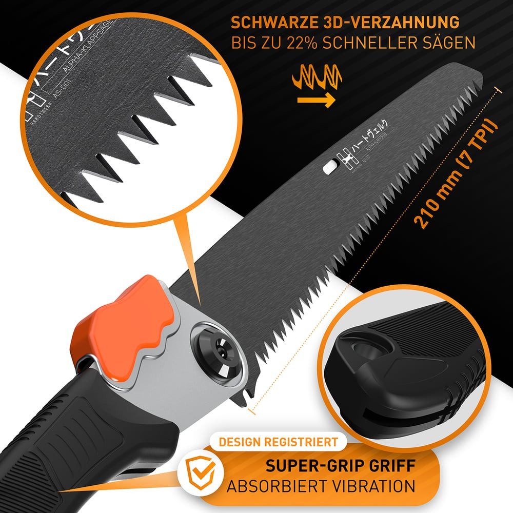 Hardtwerk® Klappsäge mit Safety Lock (210mm), Handsäge Astsäge Klappsäge für Holz Garten Outdoor klappbar