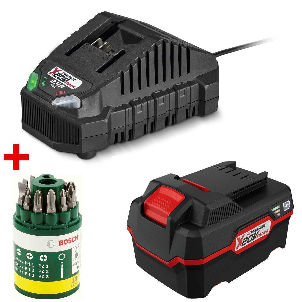 Parkside Akku 20 V 4.0 Ah PAP 20 + Ladegerät + Bosch 10 tlg. Bitset Akku Starter-Set