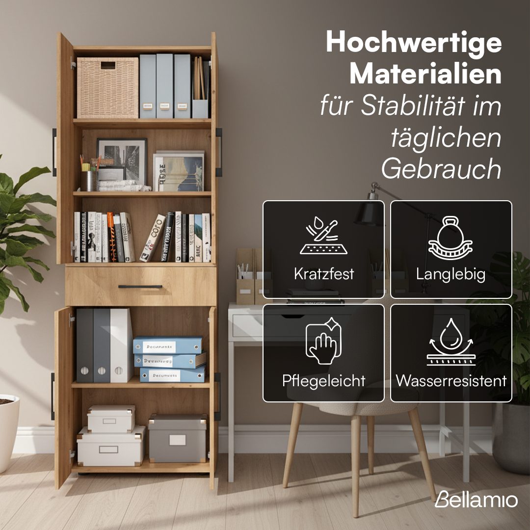 Bellamio Mehrzweckschrank Apol (Eichenoptik) Aktenschrank mit 6 Fächern, inkl. 1 Schublade, robust & kratzfest