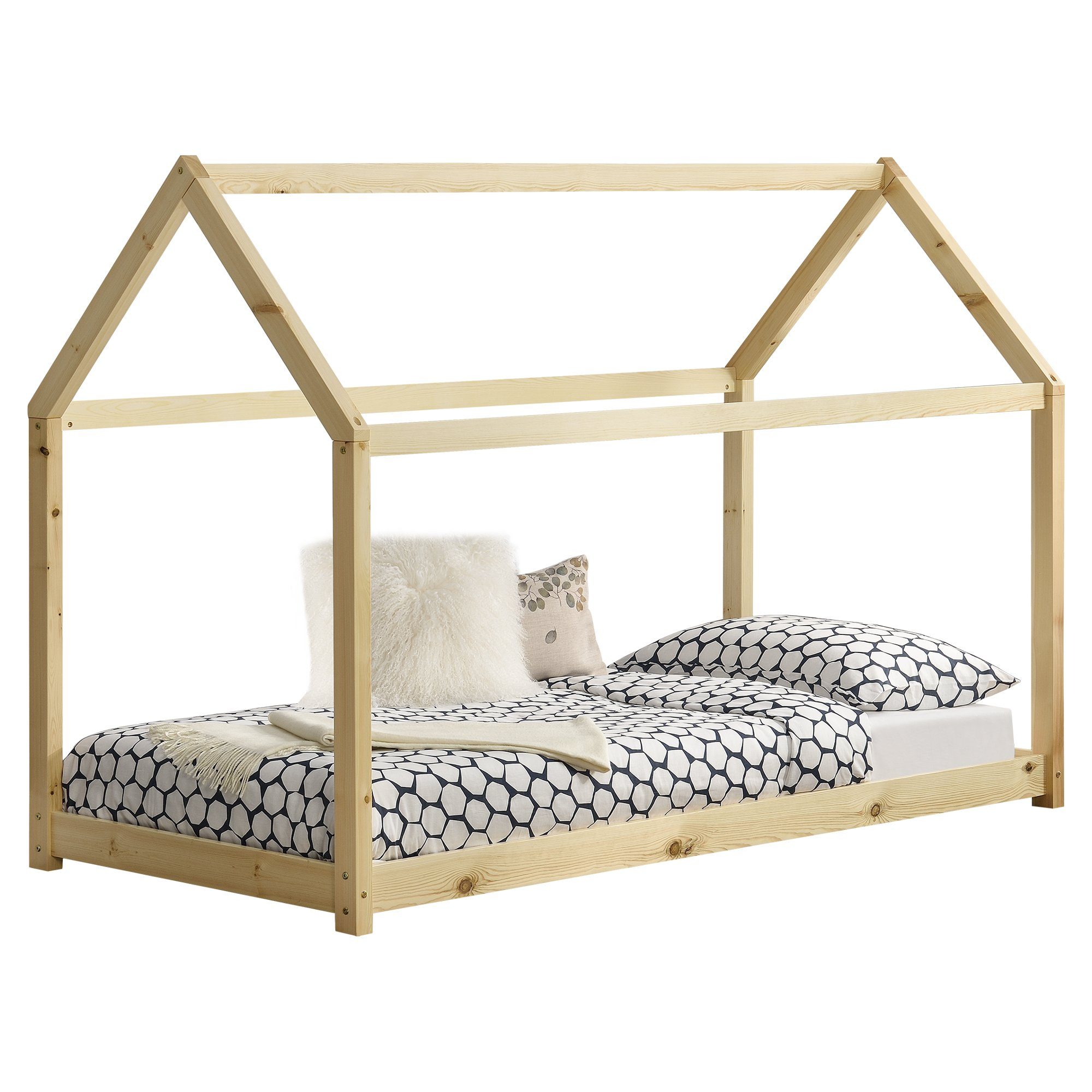 en.casa Kinderbett, »Netstal« Hausbett Bettenhaus 90x200cm aus Kiefernholz natur