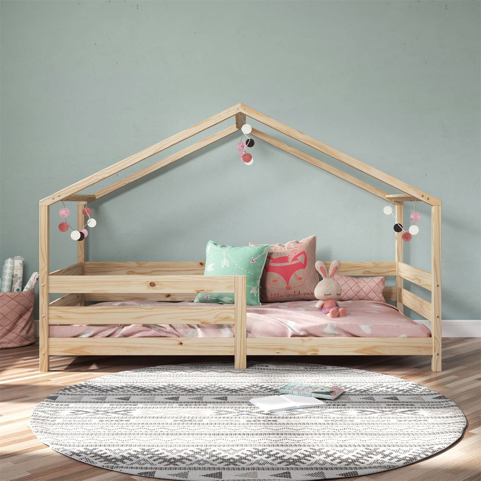 Kinderbett Hausbett nat RENA, natur Rausfallschutz IDIMEX Kiefer x Montessori 200 Kinderbett Bett 90