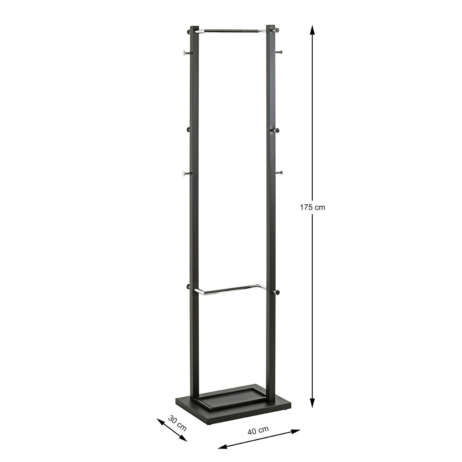 HAKU Garderobenständer Garderobenständer chrom, schwarz-Kleiderständer, Metall-B40xH175xT30cm, (1xGarderobenständer, Hakenständer - Aufhängeständer), Garderobenständer aus Metall, Kleiderständer, Standgarderobe