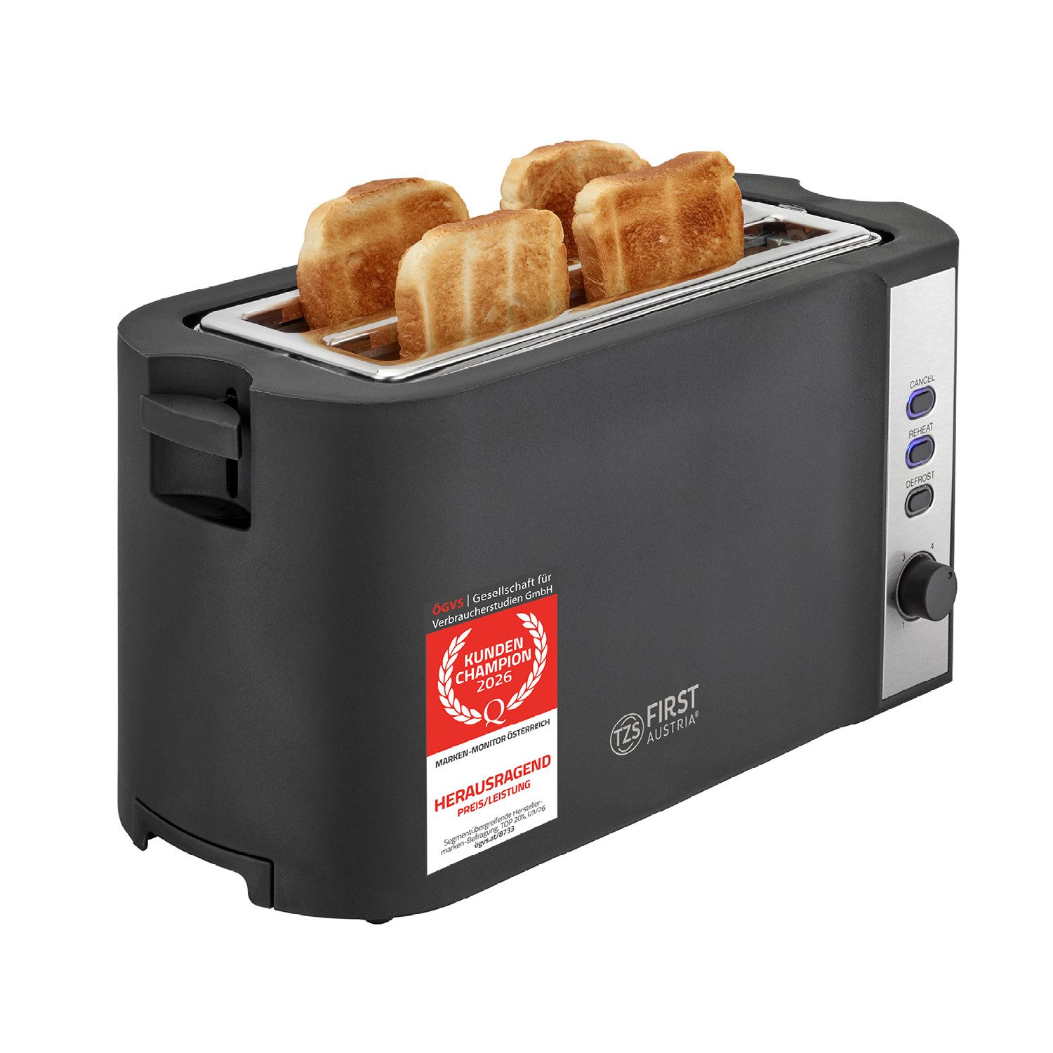 TZS FIRST AUSTRIA Toaster 4-Scheiben-Toaster, Brotzentrierung, Langschlitz, 1200-1500W, für Küche/Haushalt, 1250 W, Brötchenwärmer, Krümelfach, Bräunungsgrade: 6, Auftau- Aufwärmfunktion