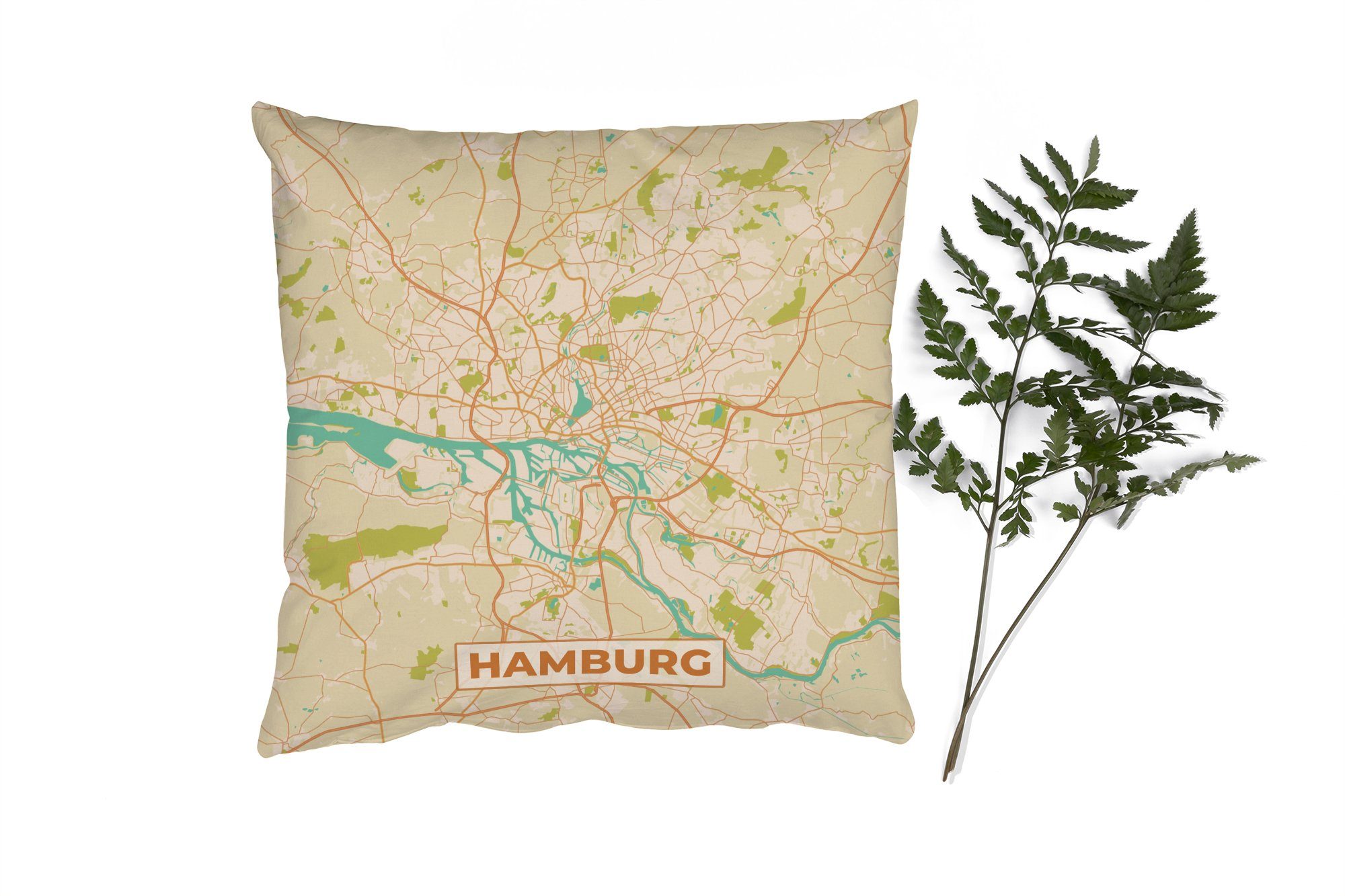 Deko, Vintage mit Schlafzimmer, Dekokissen Füllung Zierkissen Hamburg Sofakissen Stadtplan, Wohzimmer, - für - MuchoWow Karte -