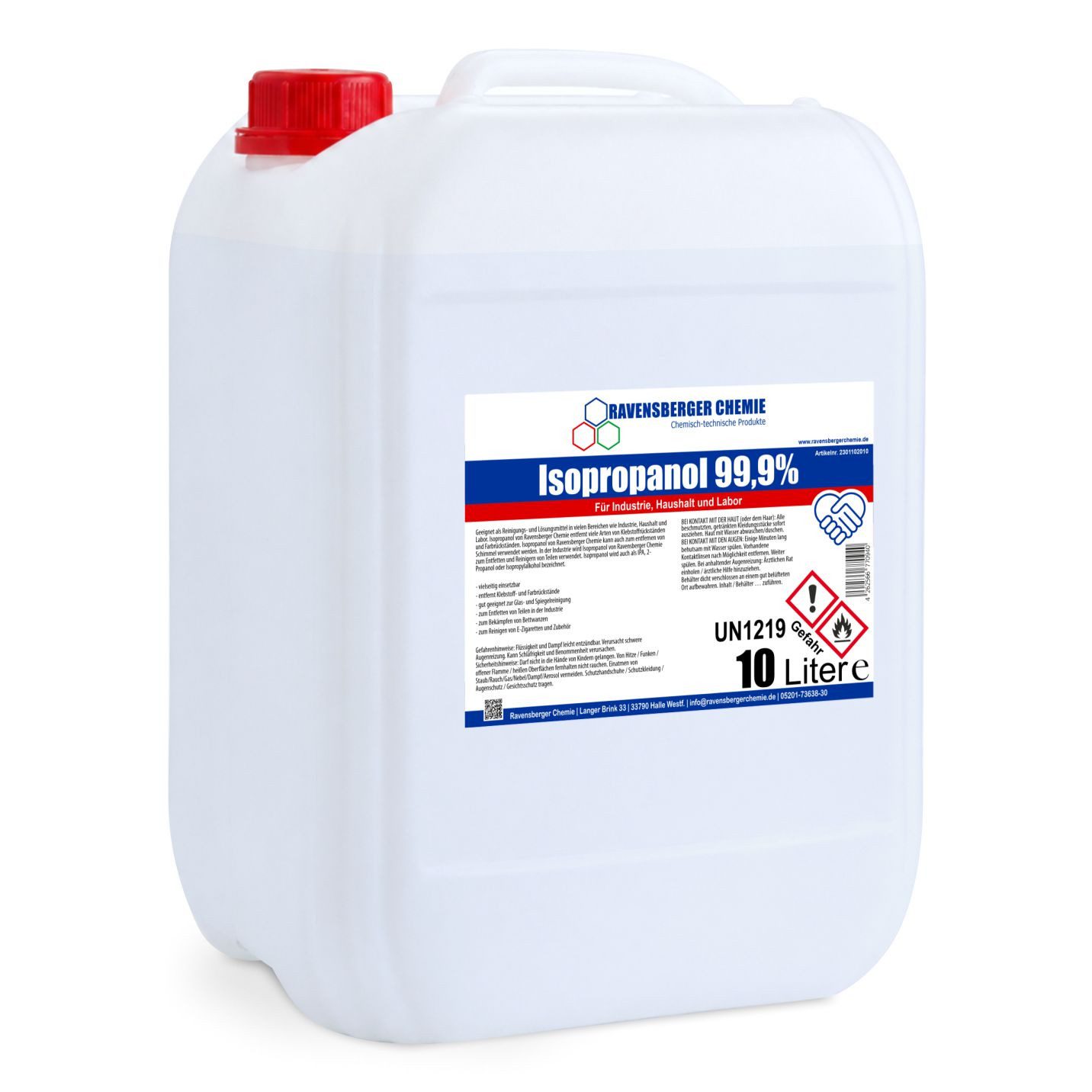 Ravensberger Chemie Isopropanol 99,9% - 10 Liter Reinigungsalkohol (10 Liter Kanister von Ravensberger Chemie Premium IPA 99,9 % – Für Haushalt, Elektronik & Werkstatt)