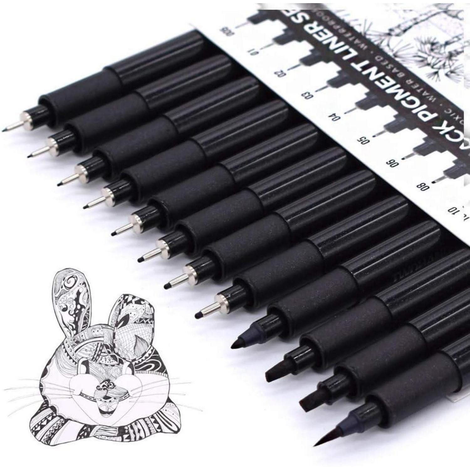TWOHANDS Fineliner Schwarze Fineliner Stifte Set 12 Stück Wasserfest für Künstler Sketch