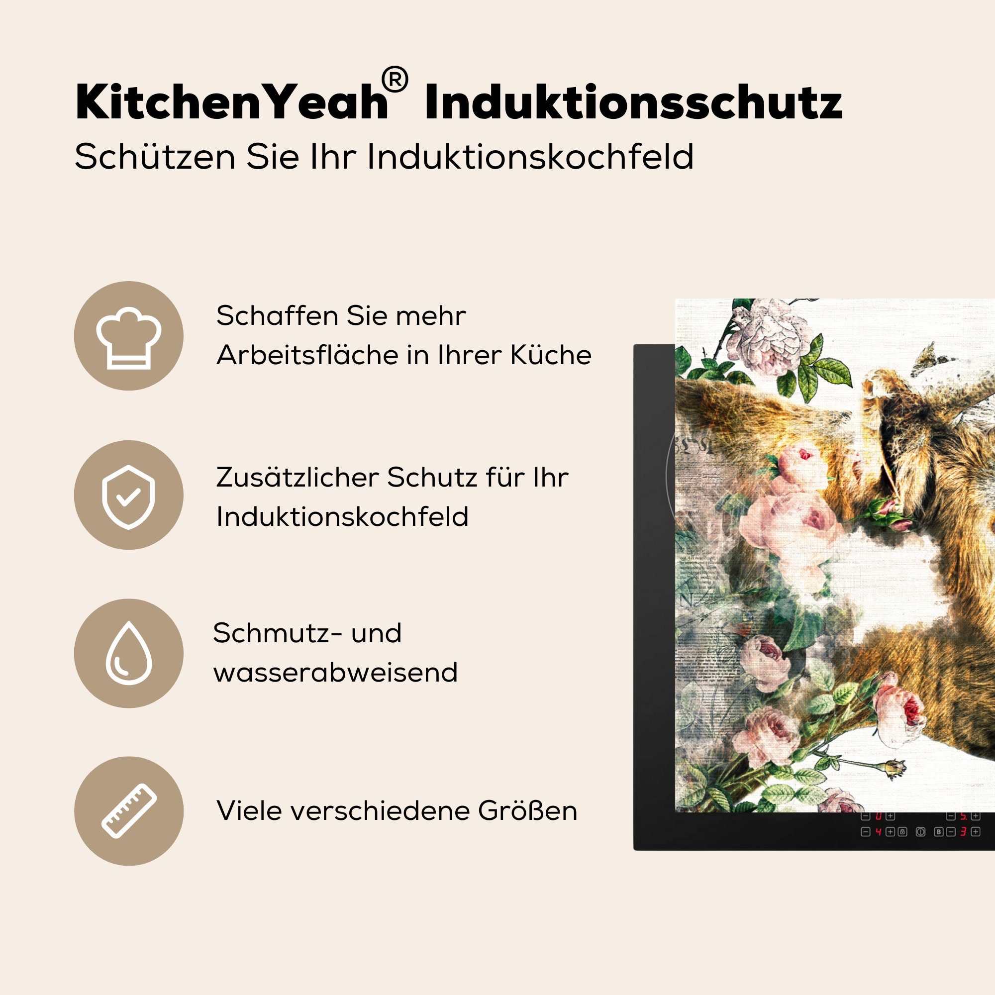 MuchoWow Herdblende-/Abdeckplatte Schottischer Induktionskochfeld küche, (1 - Highlander die Vinyl, für Rosen - 81x52 tlg), Schutz - Rosa, Ceranfeldabdeckung Kuh cm
