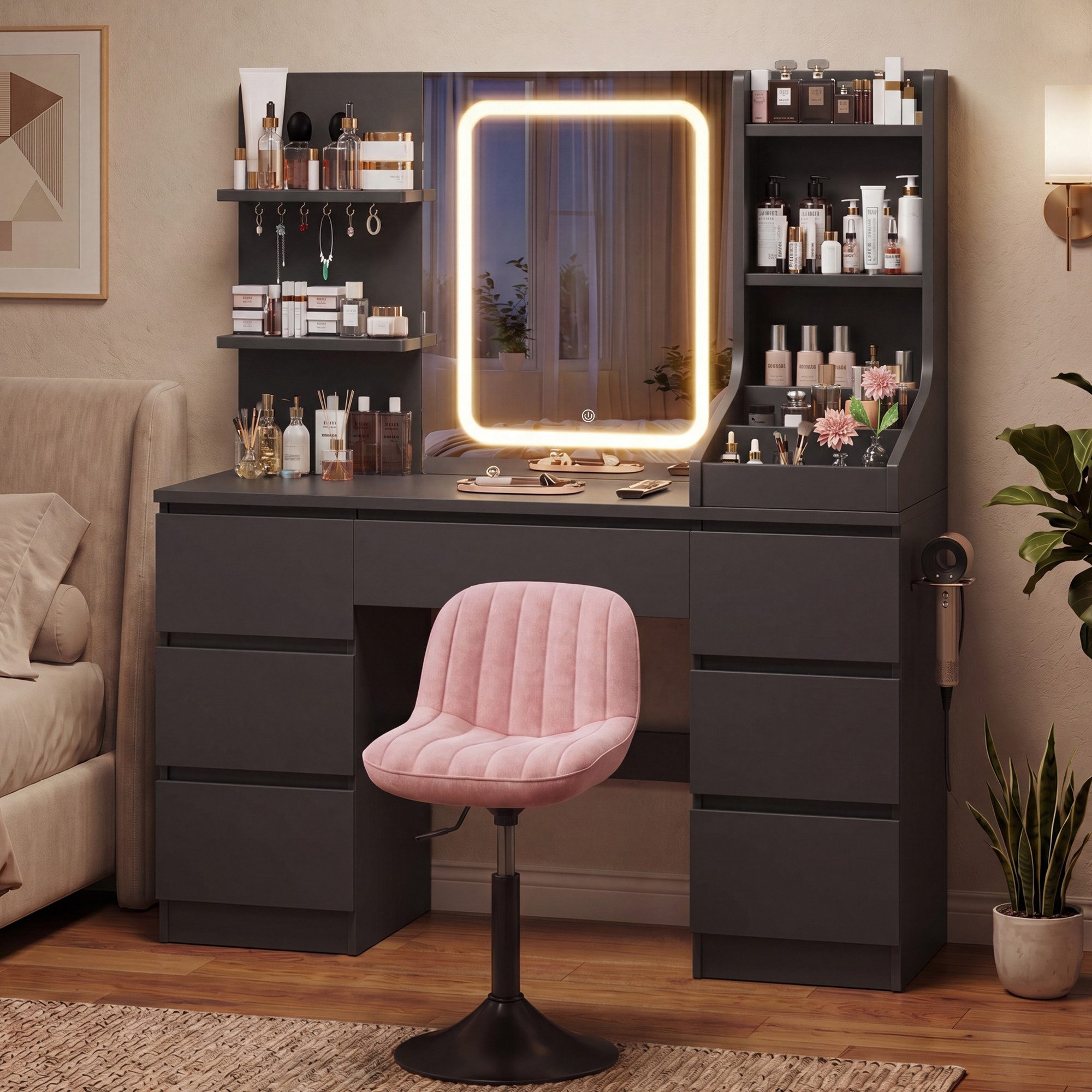 HOMALL Schminktisch Spiegel mit LED-Beleuchtung, 7 Schubladen (Maße: 110 × 40 × 139 cm, drei einstellbare Farbtemperaturen, mit 8 offenen Ablagefächern, 6 Schmuckhaken, 2 Steckdosen, 1 USB-Anschluss, 1 Typ-C-Anschluss und einer Haartrocknerhalterung)