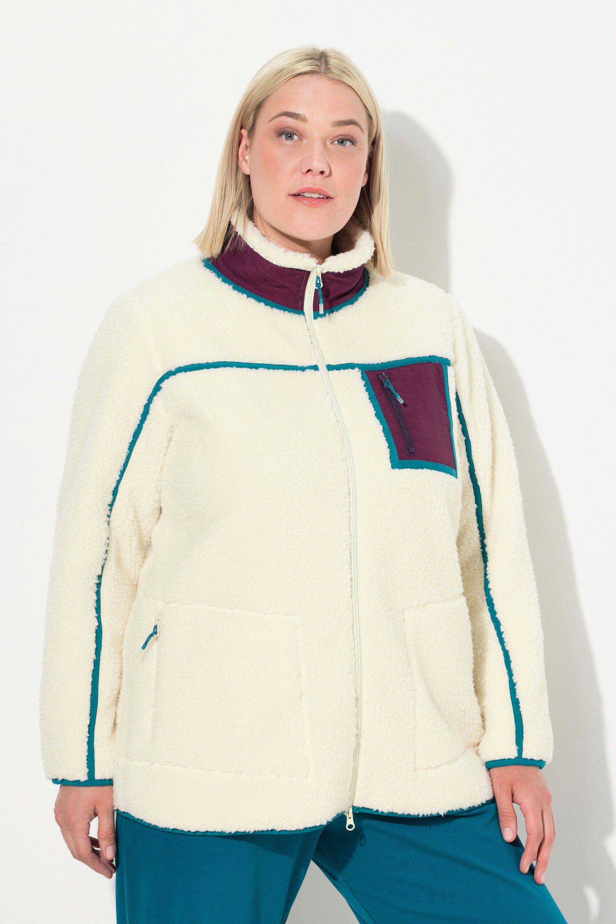 Ulla Popken Sweatjacke Teddy-Fleecejacke Stehkragen 2-Wege-Zipper