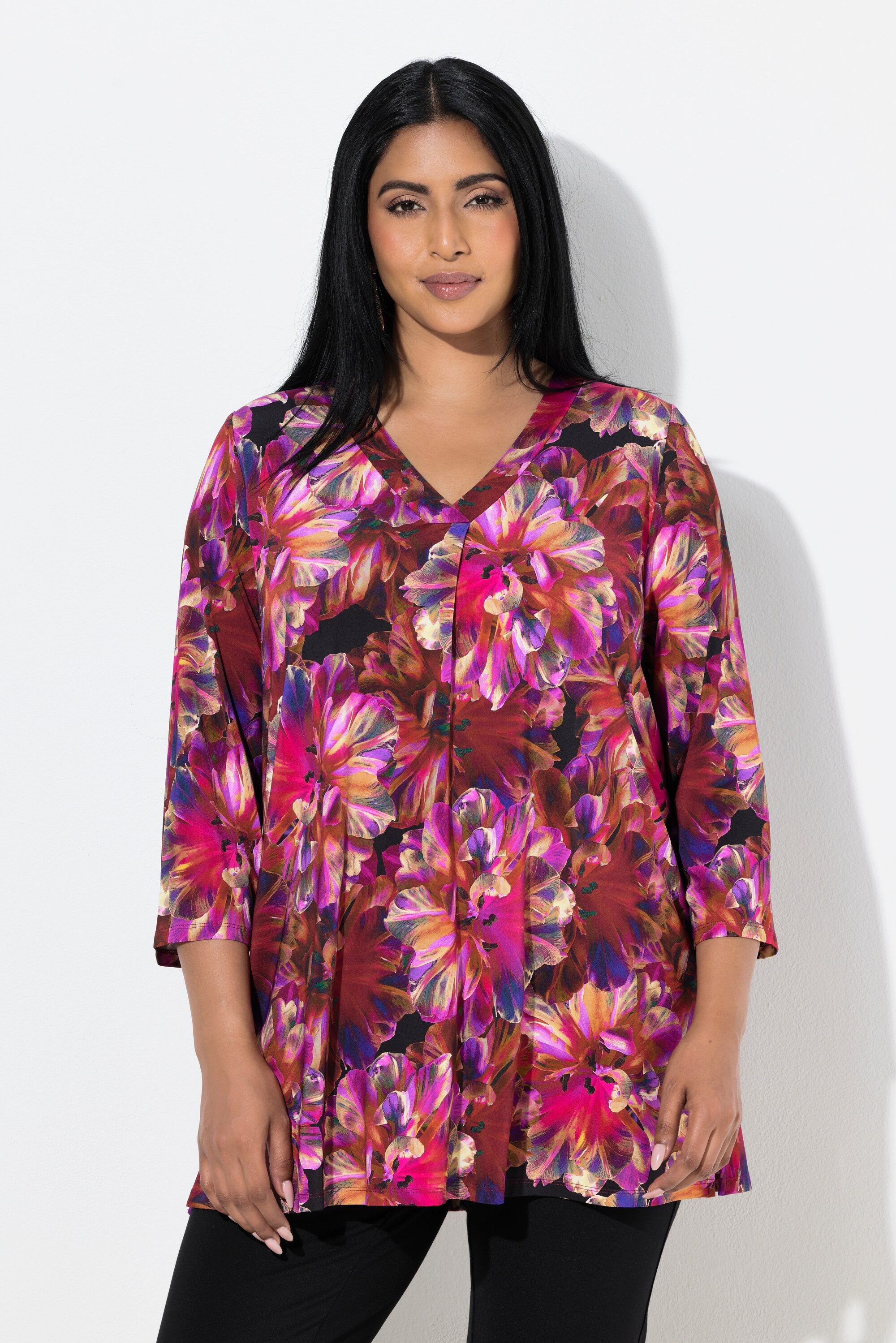 Ulla Popken Longshirt Slinky-Shirt Blüten A-Linie V-Ausschnitt 3/4-Arm