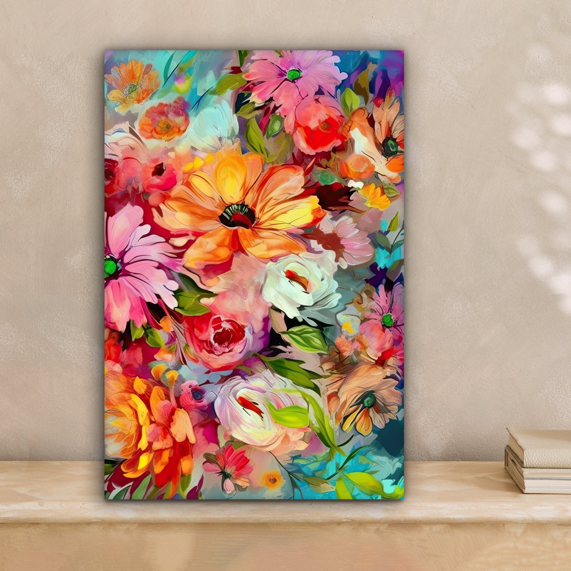 OneMillionCanvasses® Leinwandbild Blumen - Farbenfroh - Kunst - Ölfarbenoptik, Fotodruck (1 St), Leinwand Canvas Wandbild, Wanddekoration 20x30 cm