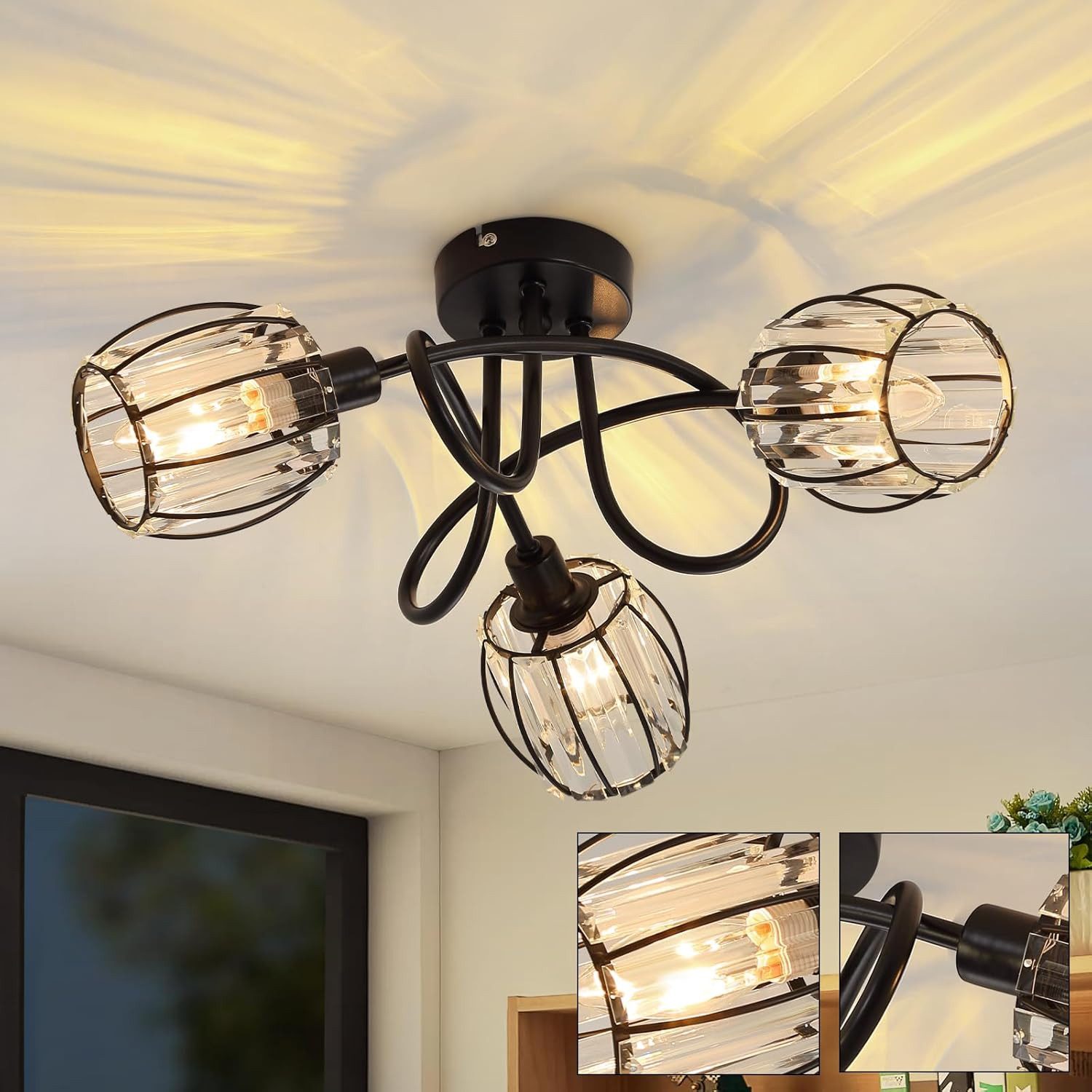 Nettlife Deckenstrahler Kristall Vintage Industrial Deckenspot Schwarz E14 350° schwenkbar, LED wechselbar, Retro Strahler Industrial Flurlampe für Flur Hotel